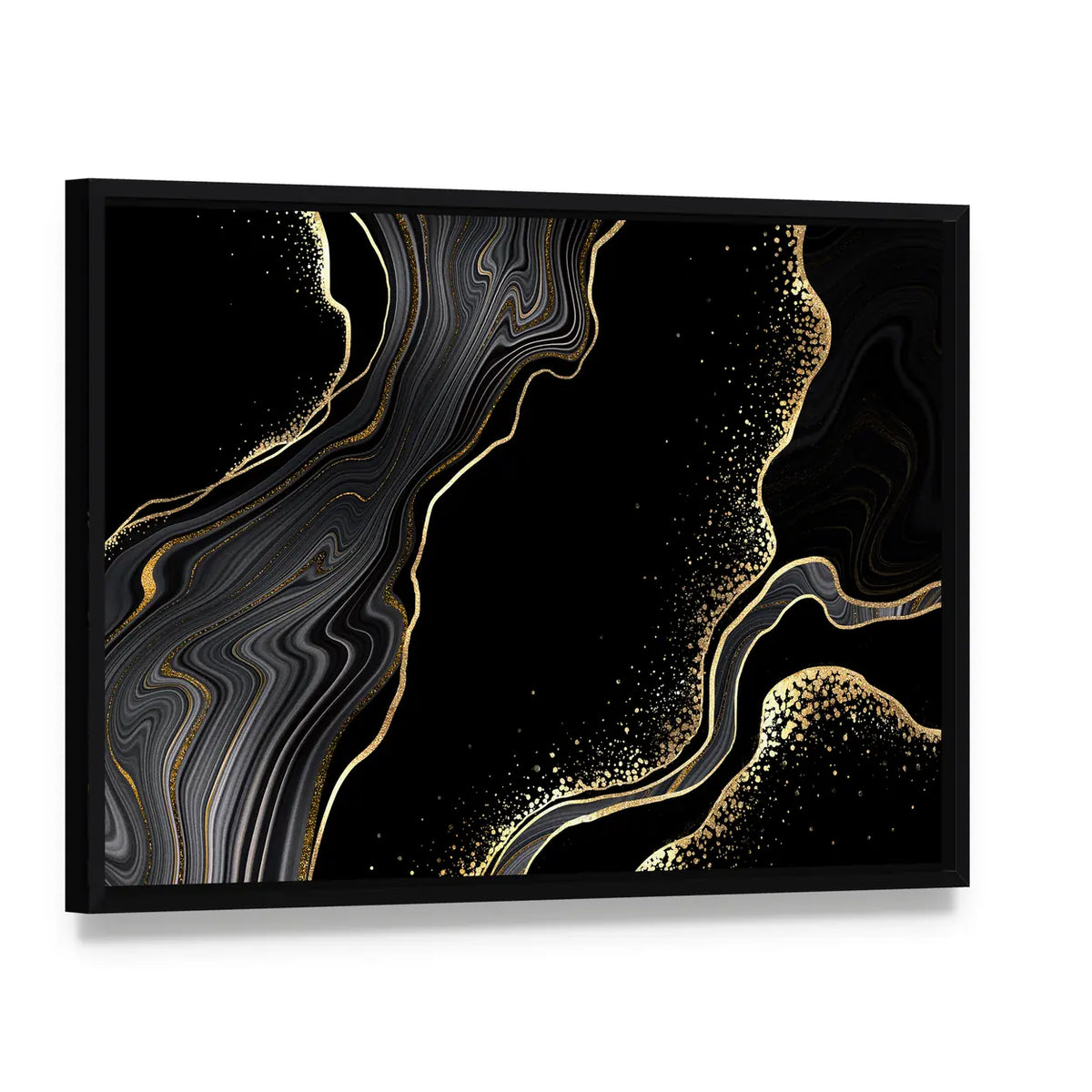 Textured Black Marble With Gold Veins Canvas Wall Art, framed canvas in a black floater frame, angled product view