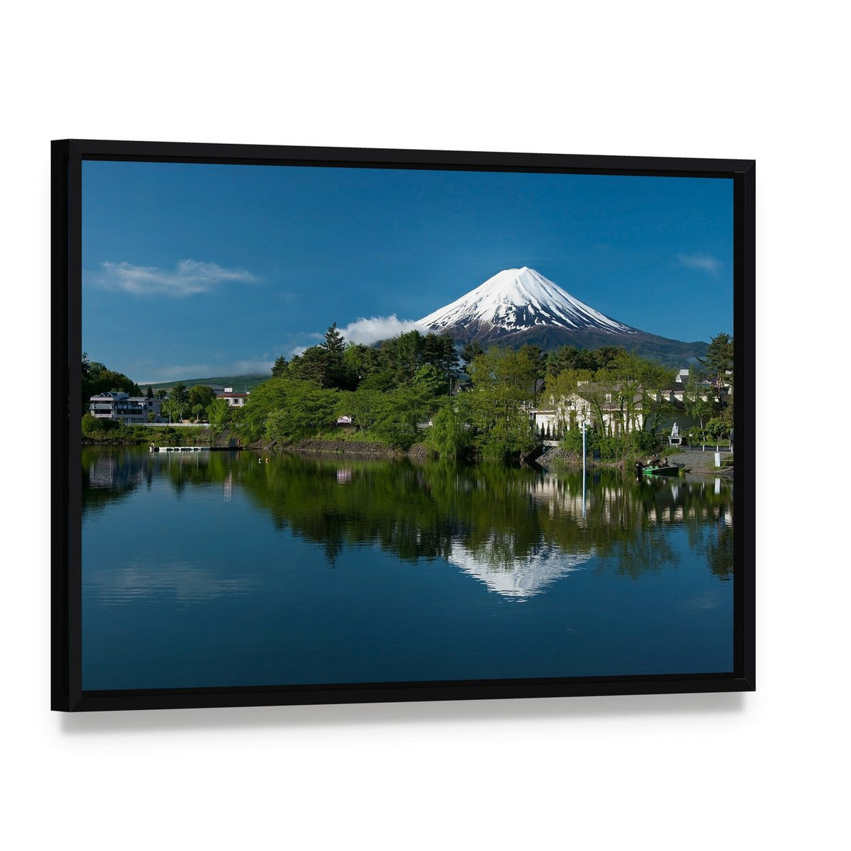 Mount Fuji Reflected in Lake Canvas Wall Art, framed canvas in a black floater frame, angled product view