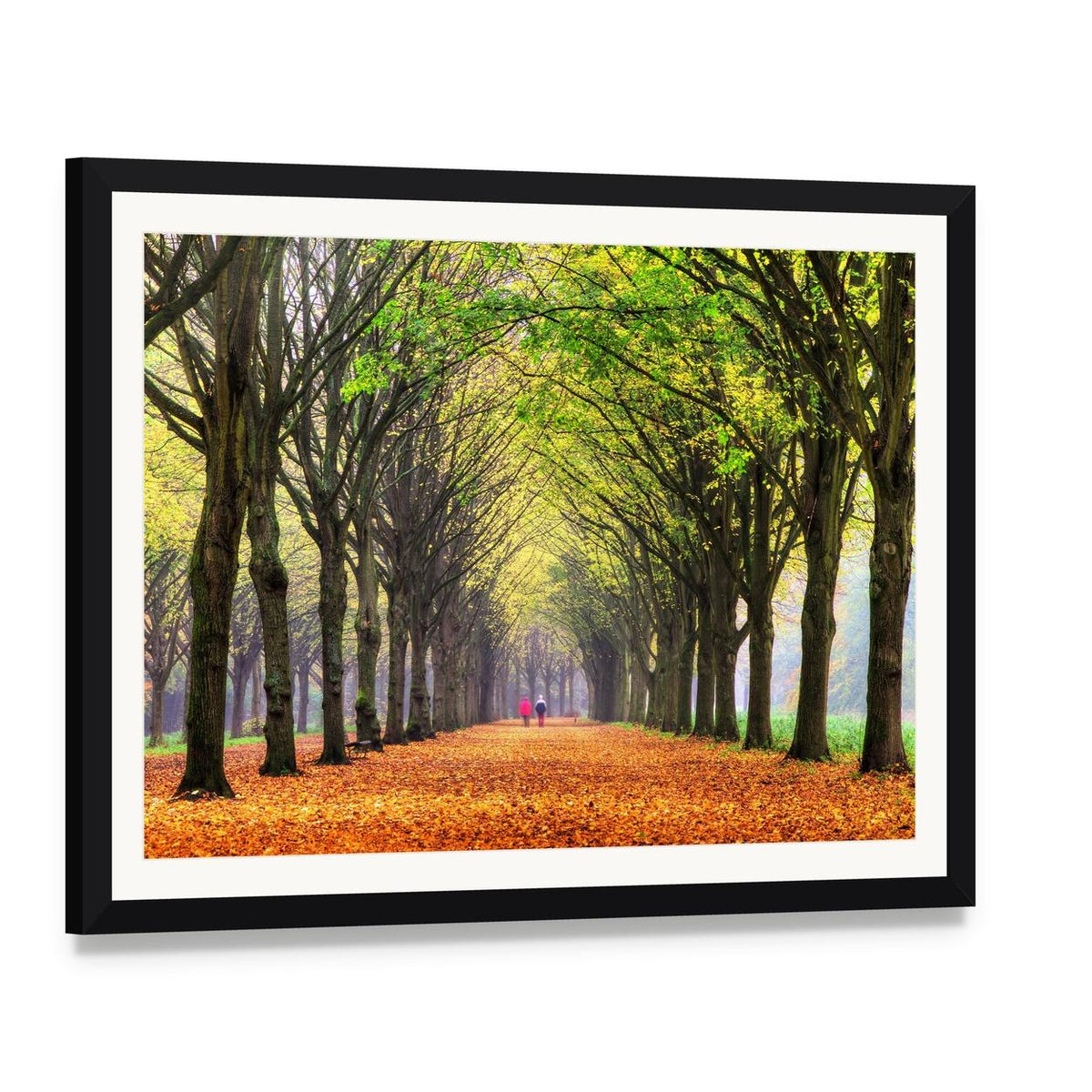 Autumn Path Through Amsterdam Forest Canvas Wall Art, framed print with white mat and black frame, angled product view