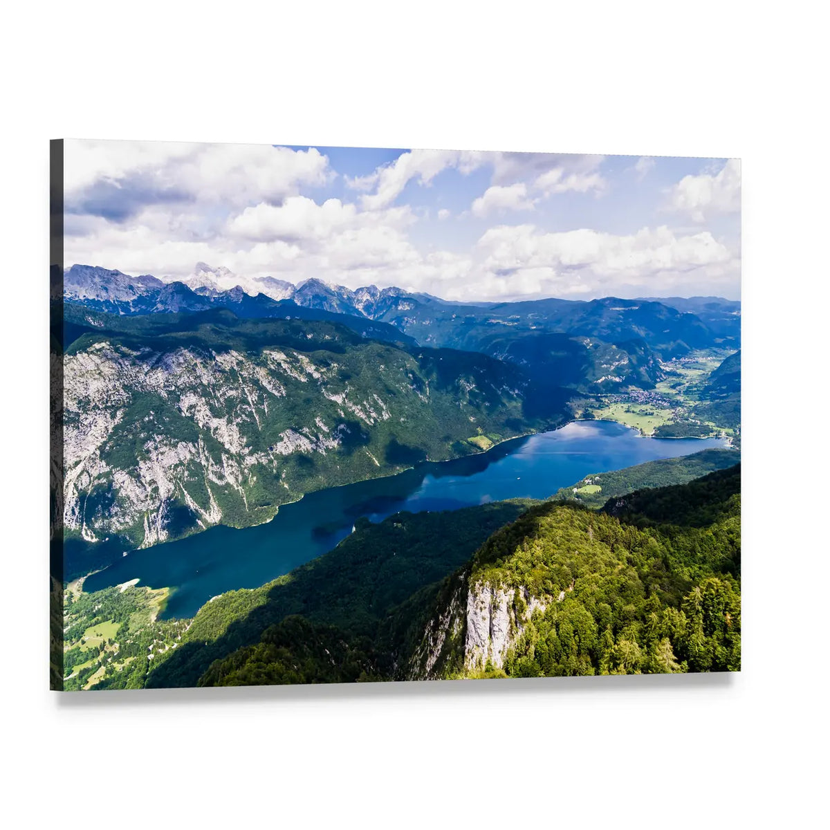 Lake Bohinj Mountain View Canvas Wall Art, single panel gallery wrapped canvas, angled product view