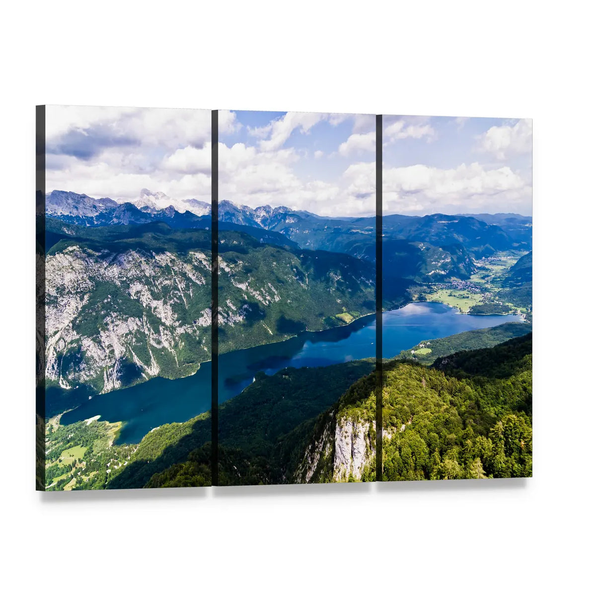 Lake Bohinj Mountain View Canvas Wall Art, 3 panel 3 Horizontal layout gallery wrapped canvas set, angled product view