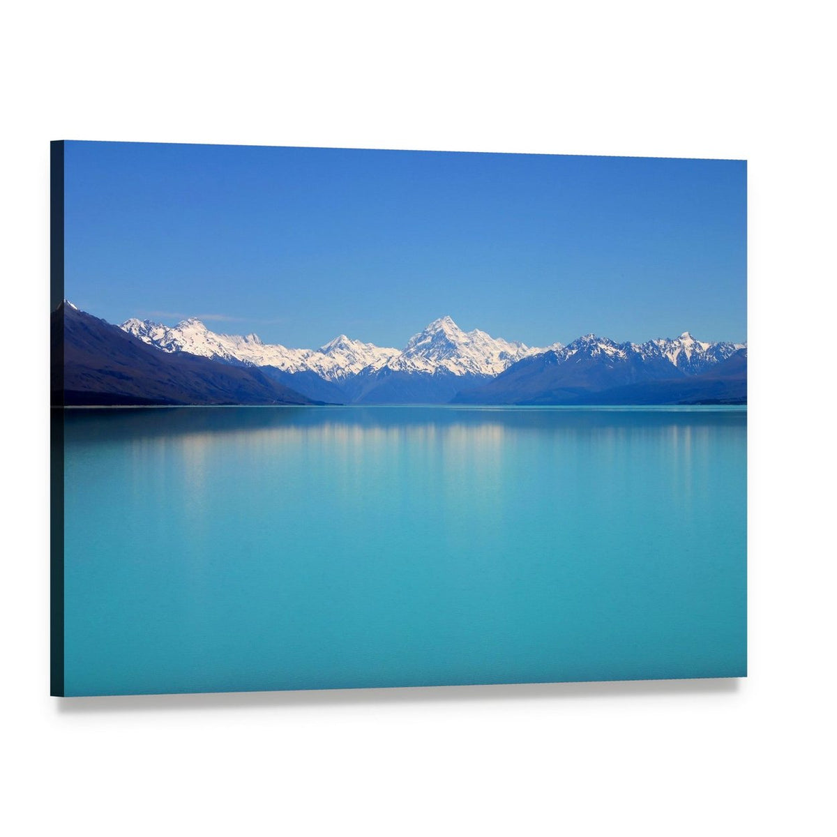 Snow-capped Peaks Over Turquoise Lake Canvas Wall Art, single panel gallery wrapped canvas, angled product view