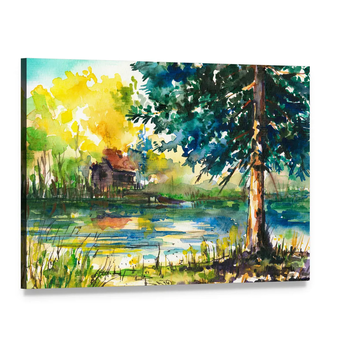 Small Cabin by Lake with Reflections Canvas Wall Art, single panel gallery wrapped canvas, angled product view