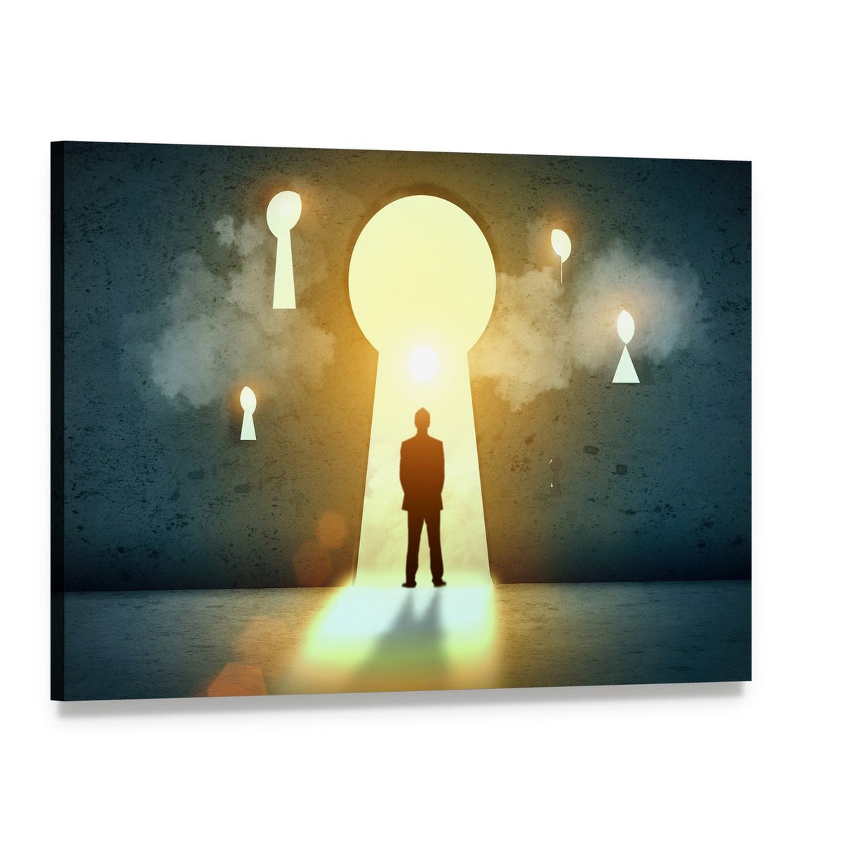 Businessman Silhouette in Keyhole with Light Beams Canvas Wall Art, single panel gallery wrapped canvas, angled product view