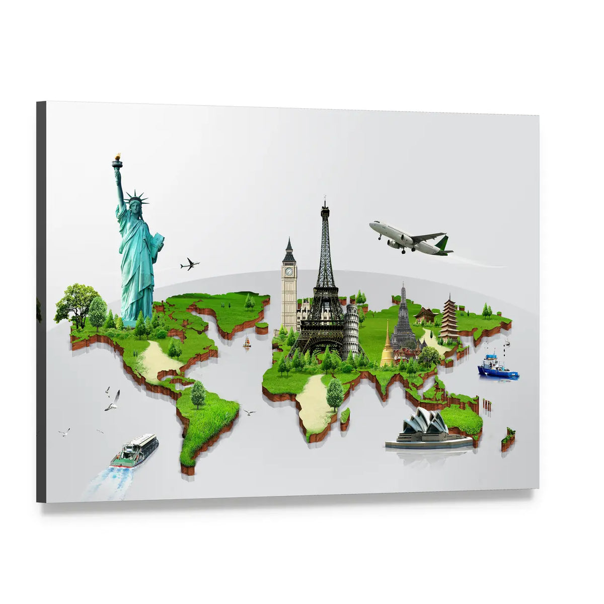 3d World Map with Monuments Canvas Wall Art, single panel gallery wrapped canvas, angled product view