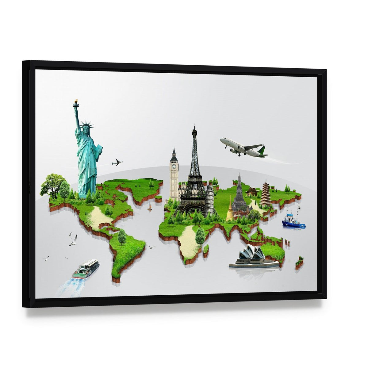 Travel the World Monuments Concept Canvas Wall Art, framed canvas in a black floater frame, angled product view