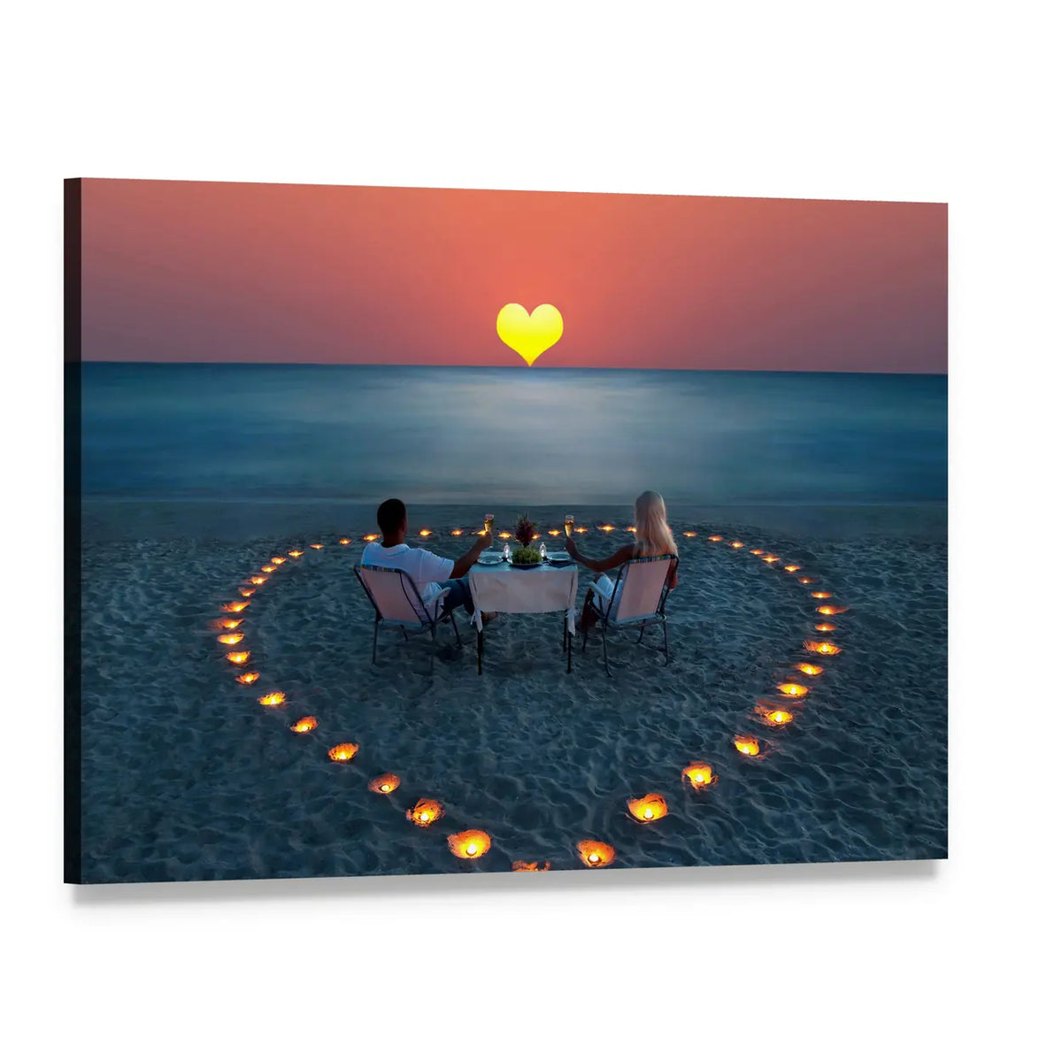 Romantic Beach Dinner at Heart-shaped Sunset Canvas Wall Art, single panel gallery wrapped canvas, angled product view
