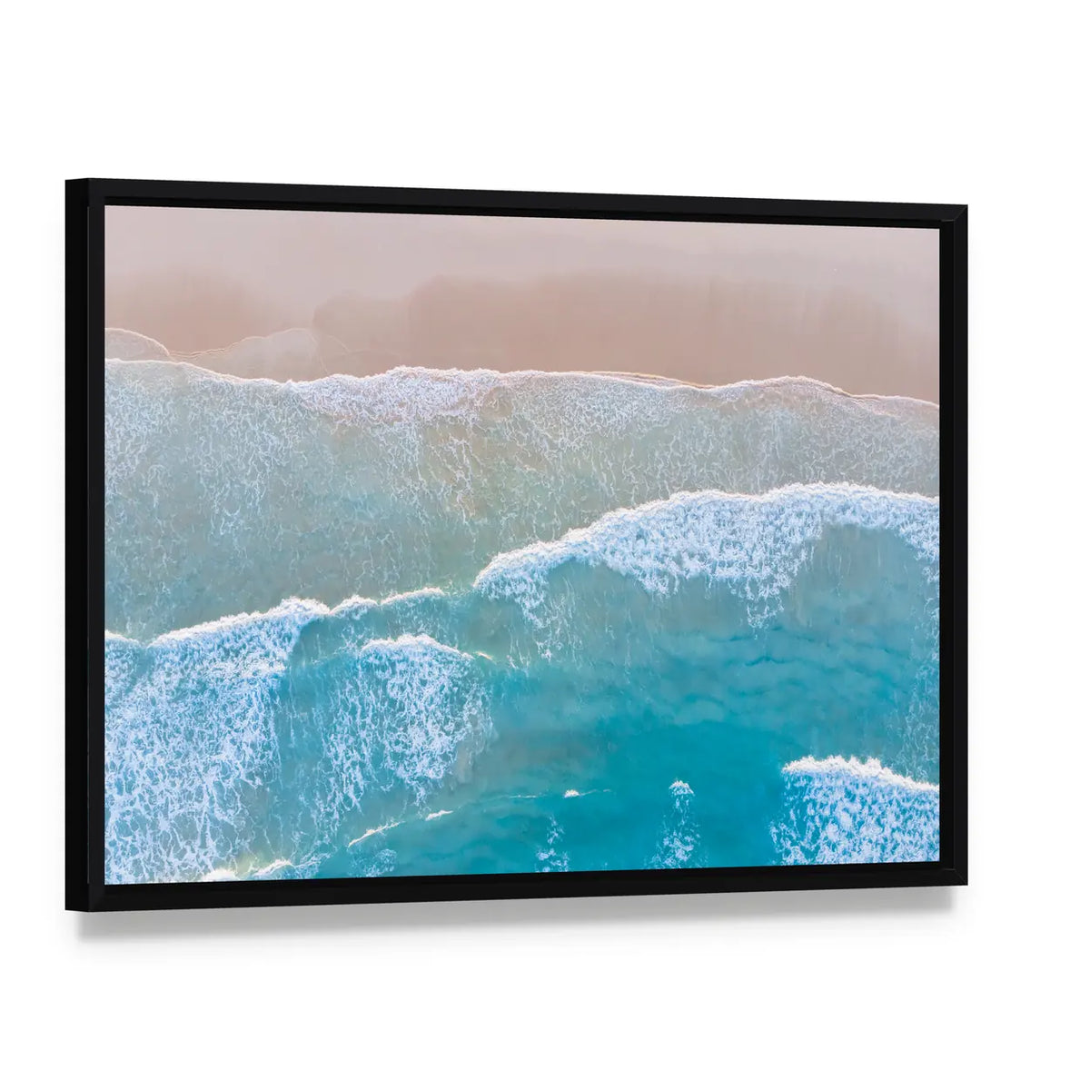 Ocean Beach From Top Canvas Wall Art, framed canvas in a black floater frame, angled product view