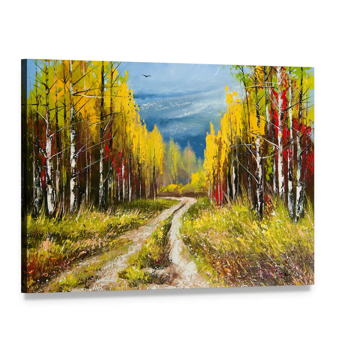 Autumn Forest Path with Birch Trees Canvas Wall Art, single panel gallery wrapped canvas, angled product view