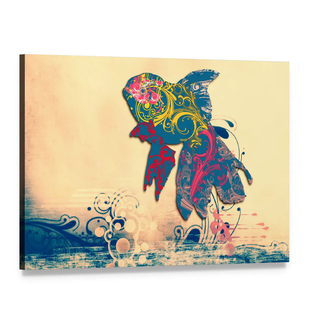 Grunge Goldfish with Ornate Floral Patterns Canvas Wall Art, single panel gallery wrapped canvas, angled product view