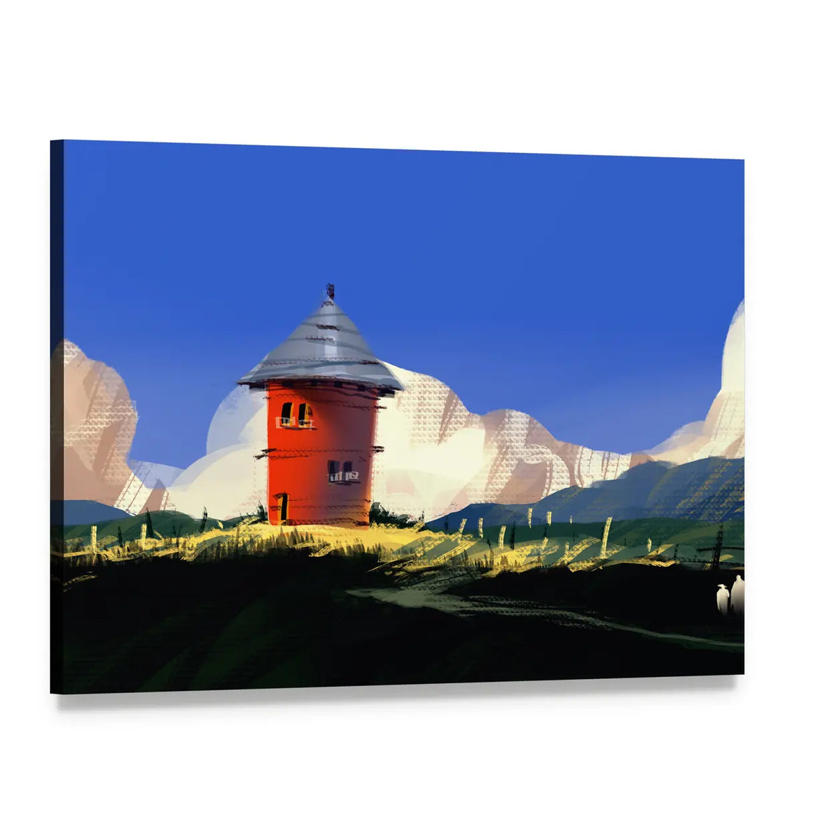 Red Tower on Grassy Hill Canvas Wall Art, single panel gallery wrapped canvas, angled product view