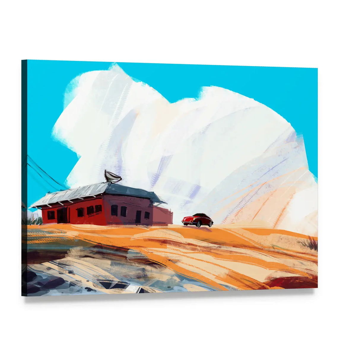 Red House and Vintage Car in Desert Canvas Wall Art, single panel gallery wrapped canvas, angled product view