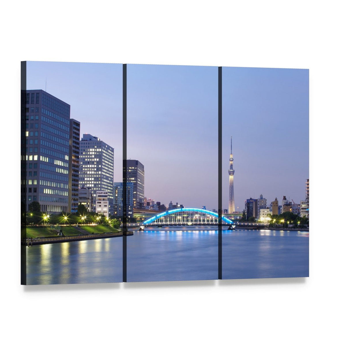 Tokyo Evening Skyline with Illuminated Bridge Canvas Wall Art, 3 panel 3 Horizontal layout gallery wrapped canvas set, angled product view