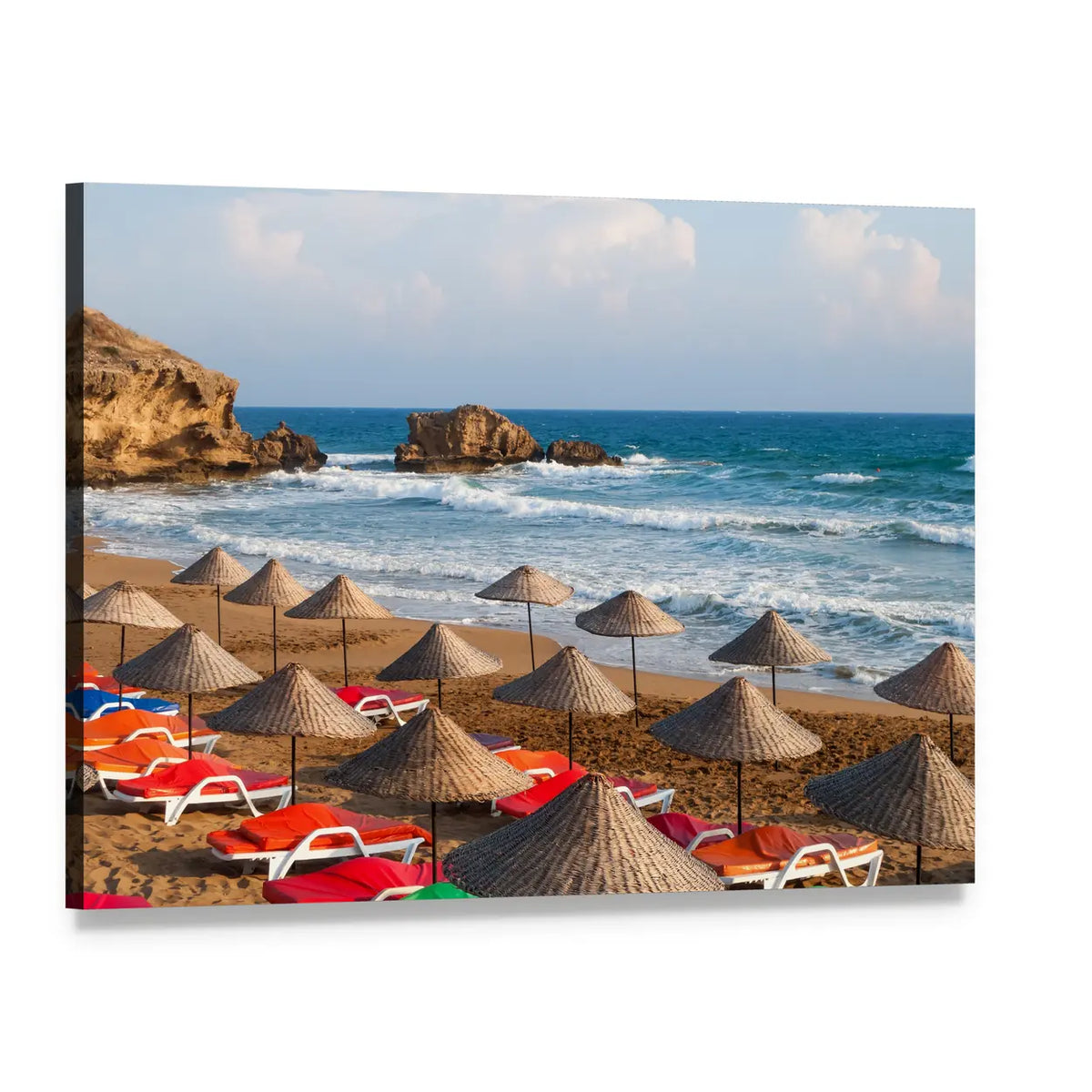 Cyprus Coastal Beach with Straw Umbrellas Canvas Wall Art, single panel gallery wrapped canvas, angled product view