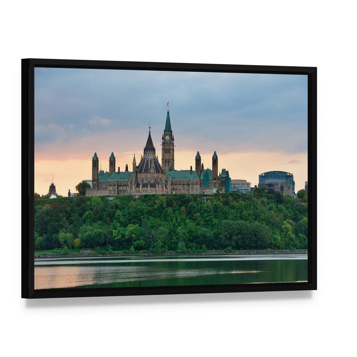 Ottawa City Skyline Canvas Wall Art, framed canvas in a black floater frame, angled product view
