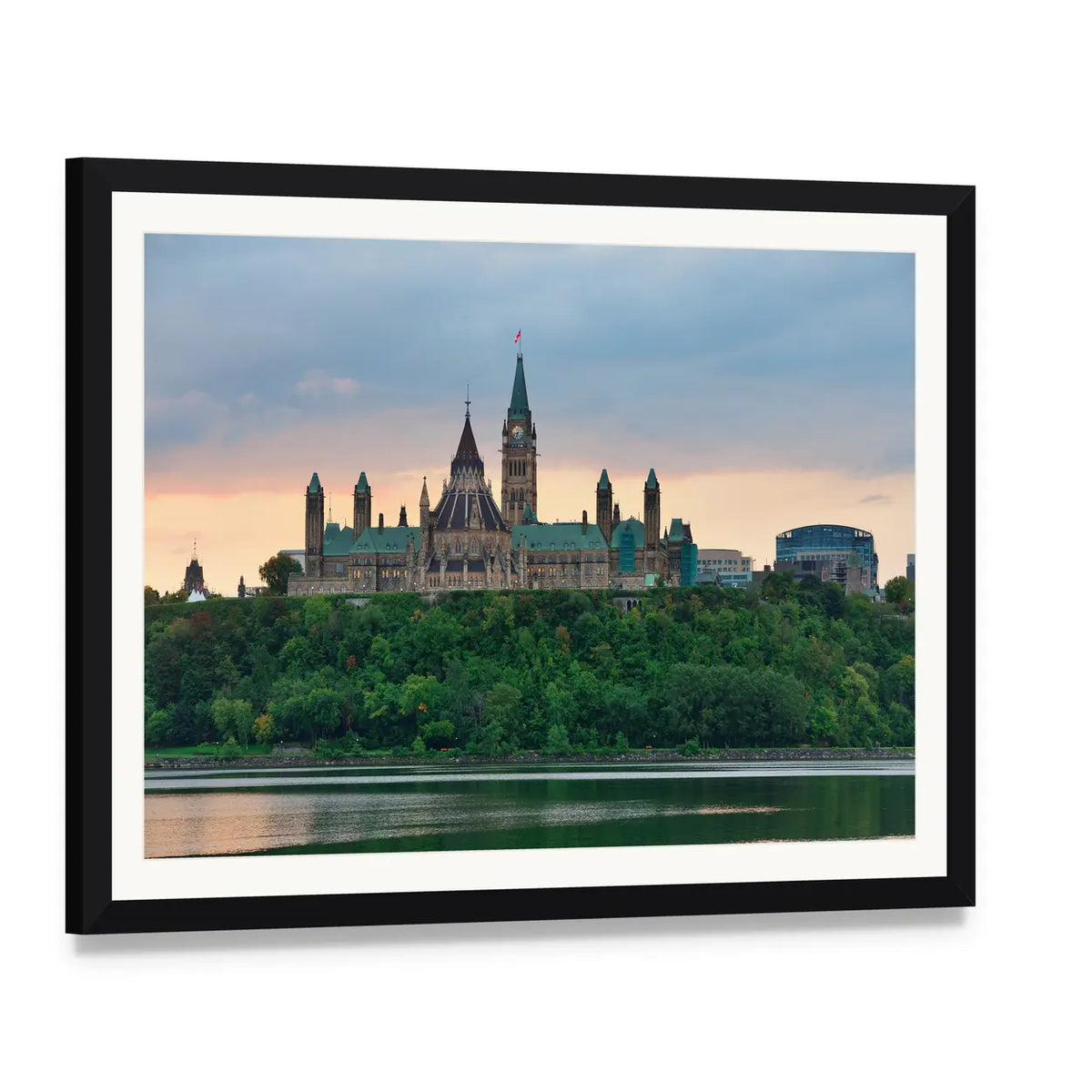 Ottawa City Skyline Canvas Wall Art, framed print with white mat and black frame, angled product view