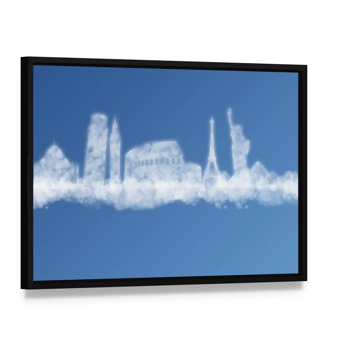 Commercial Jet with Landmark Smoke Trail Canvas Wall Art, framed canvas in a black floater frame, angled product view