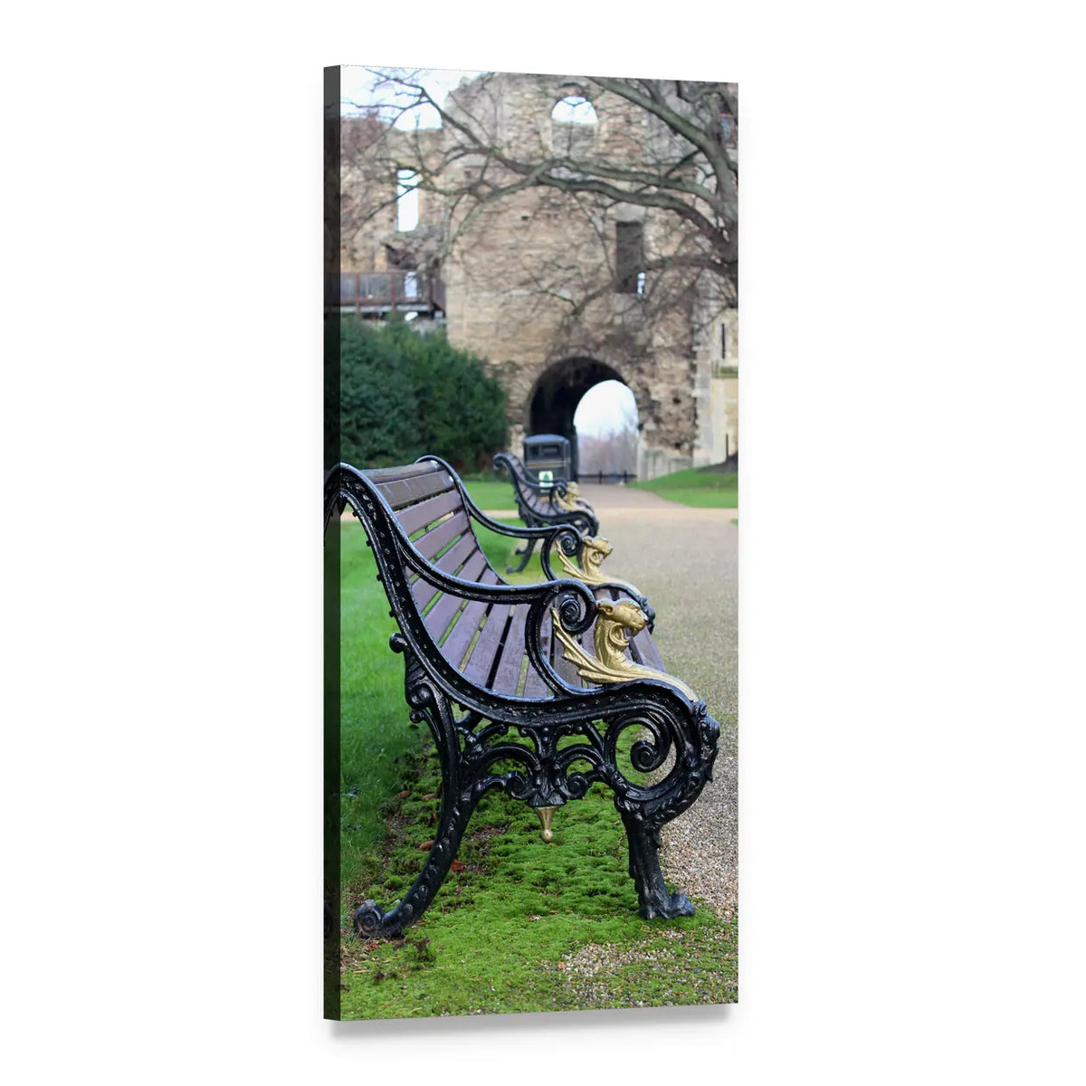 Ornate Park Bench by Castle Archway Vertical Canvas Wall Art, 1 panel 1 Vertical layout gallery wrapped canvas set, angled product view