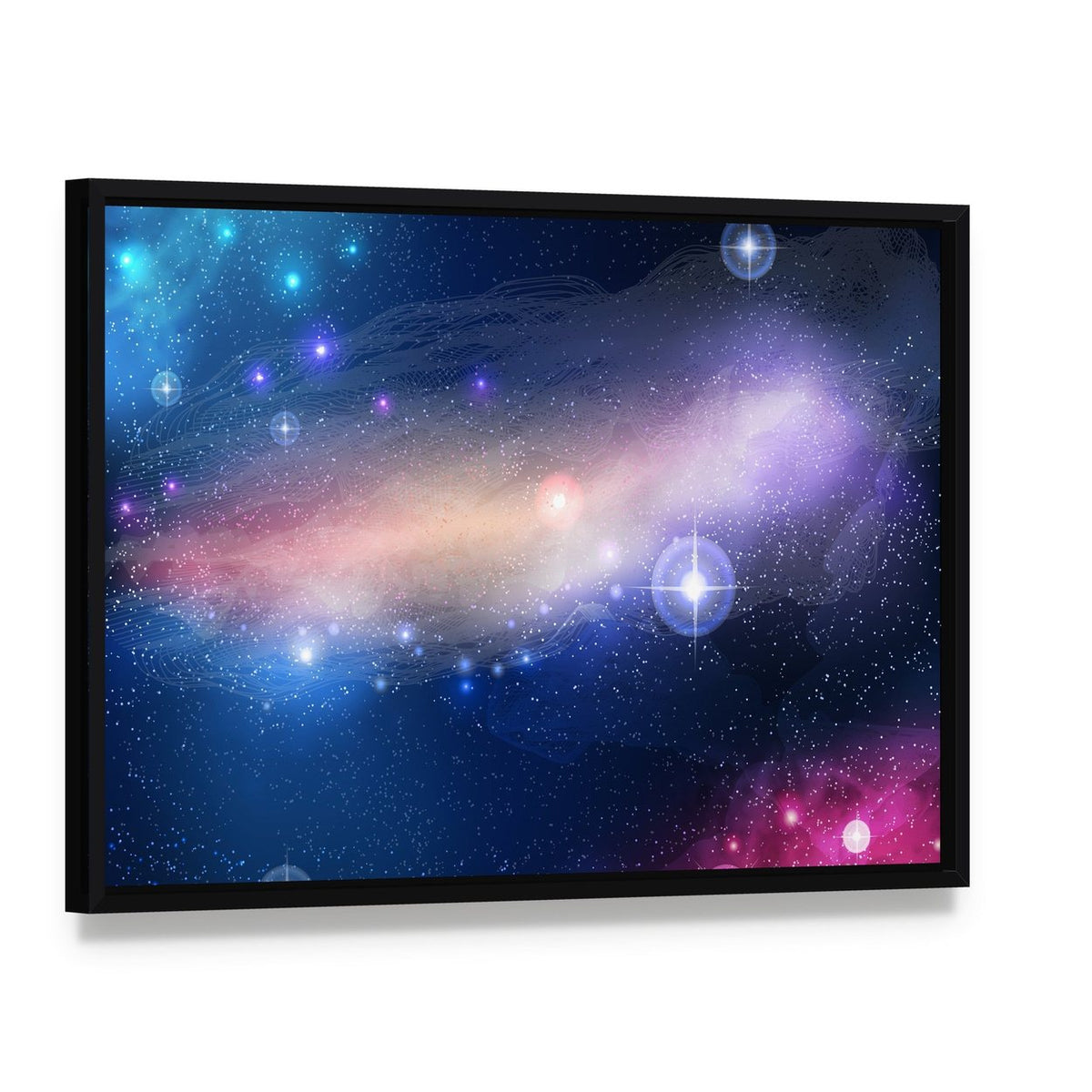 Glowing Galaxy with Stars Canvas Wall Art, framed canvas in a black floater frame, angled product view