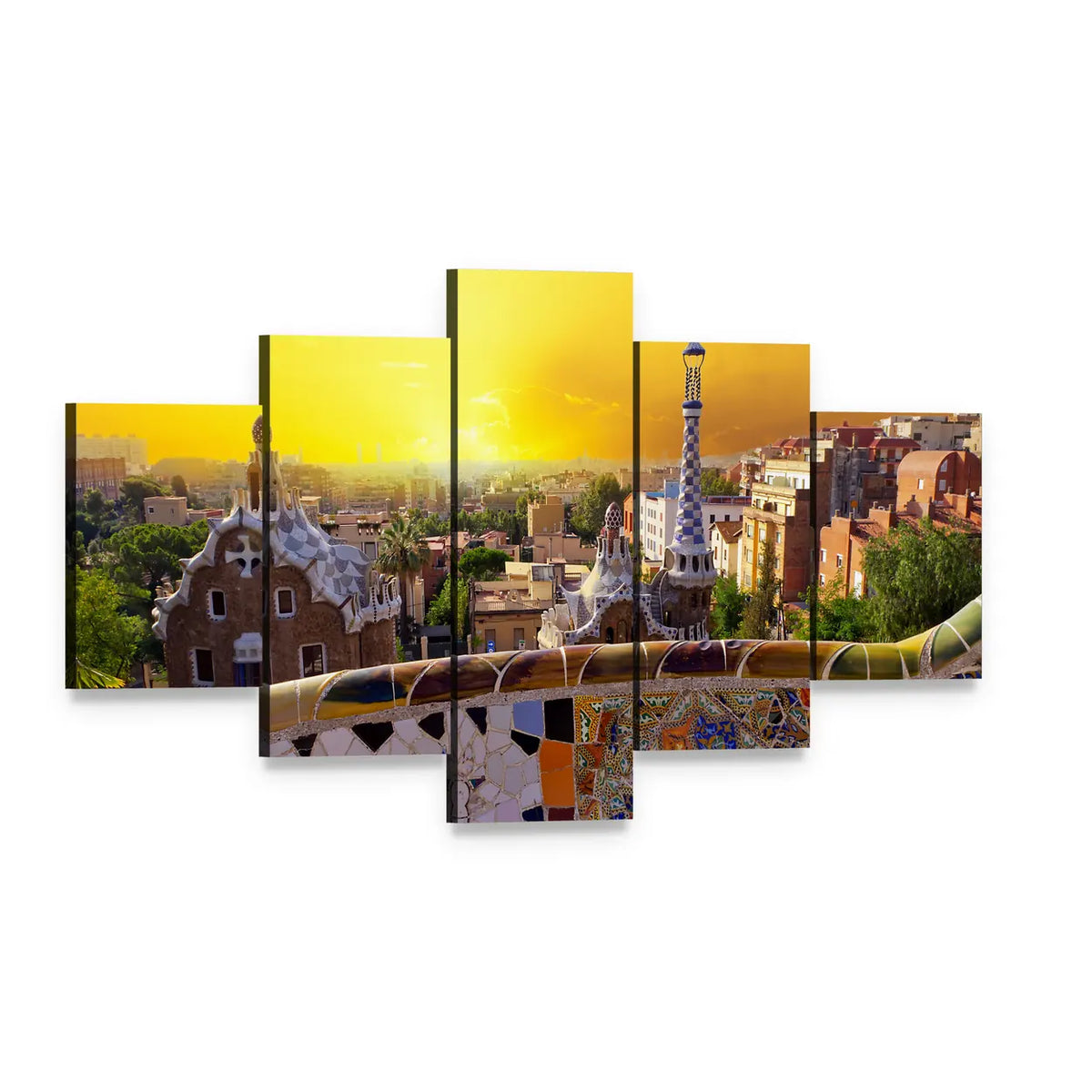 Park Güell Mosaic Bench at Sunset Canvas Wall Art, 5 panel 5 Star layout gallery wrapped canvas set, angled product view
