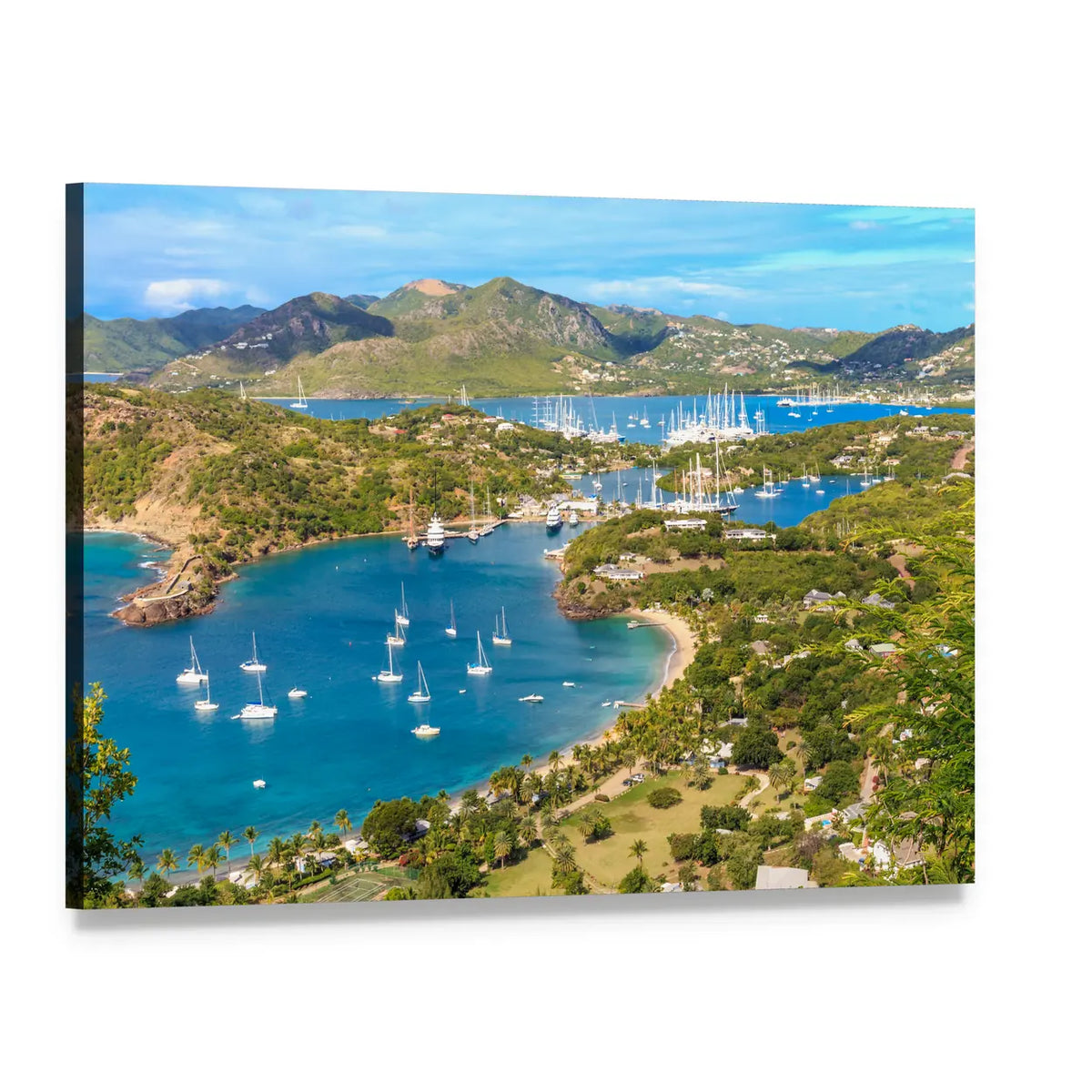 Antigua Bay Aerial Harbor Canvas Wall Art, single panel gallery wrapped canvas, angled product view