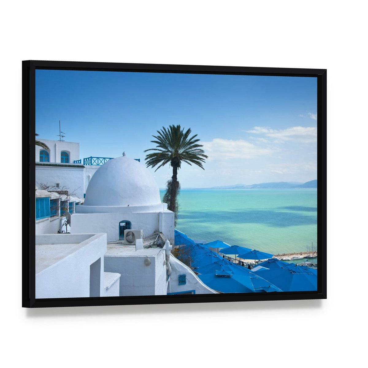 Sidi Bou Said, Tunis Canvas Wall Art, framed canvas in a black floater frame, angled product view