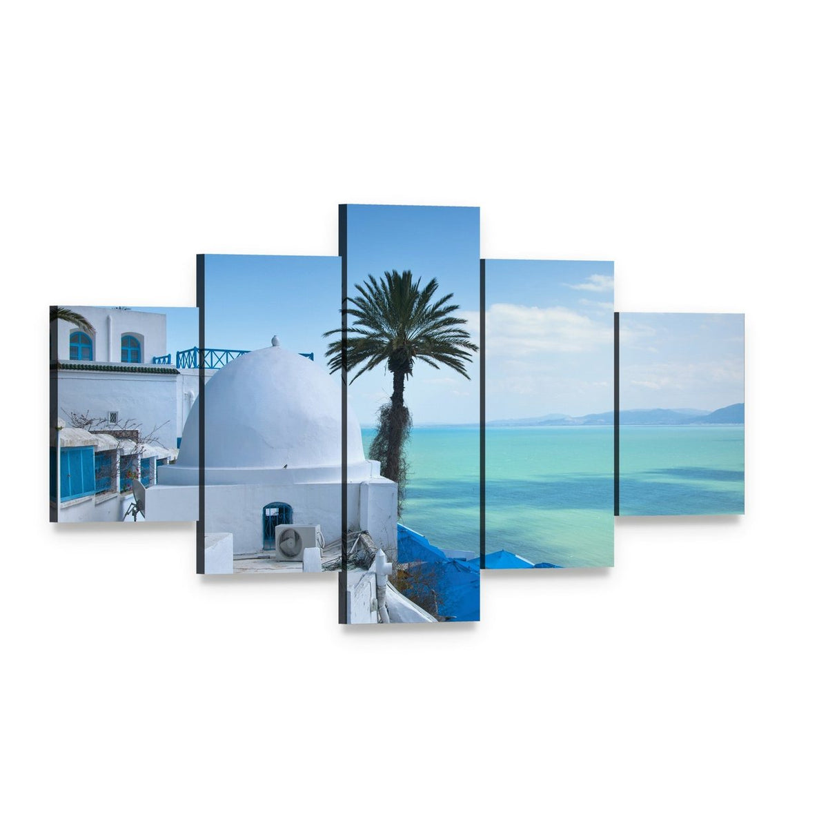 Sidi Bou Said, Tunis Canvas Wall Art, 5 panel 5 Star layout gallery wrapped canvas set, angled product view