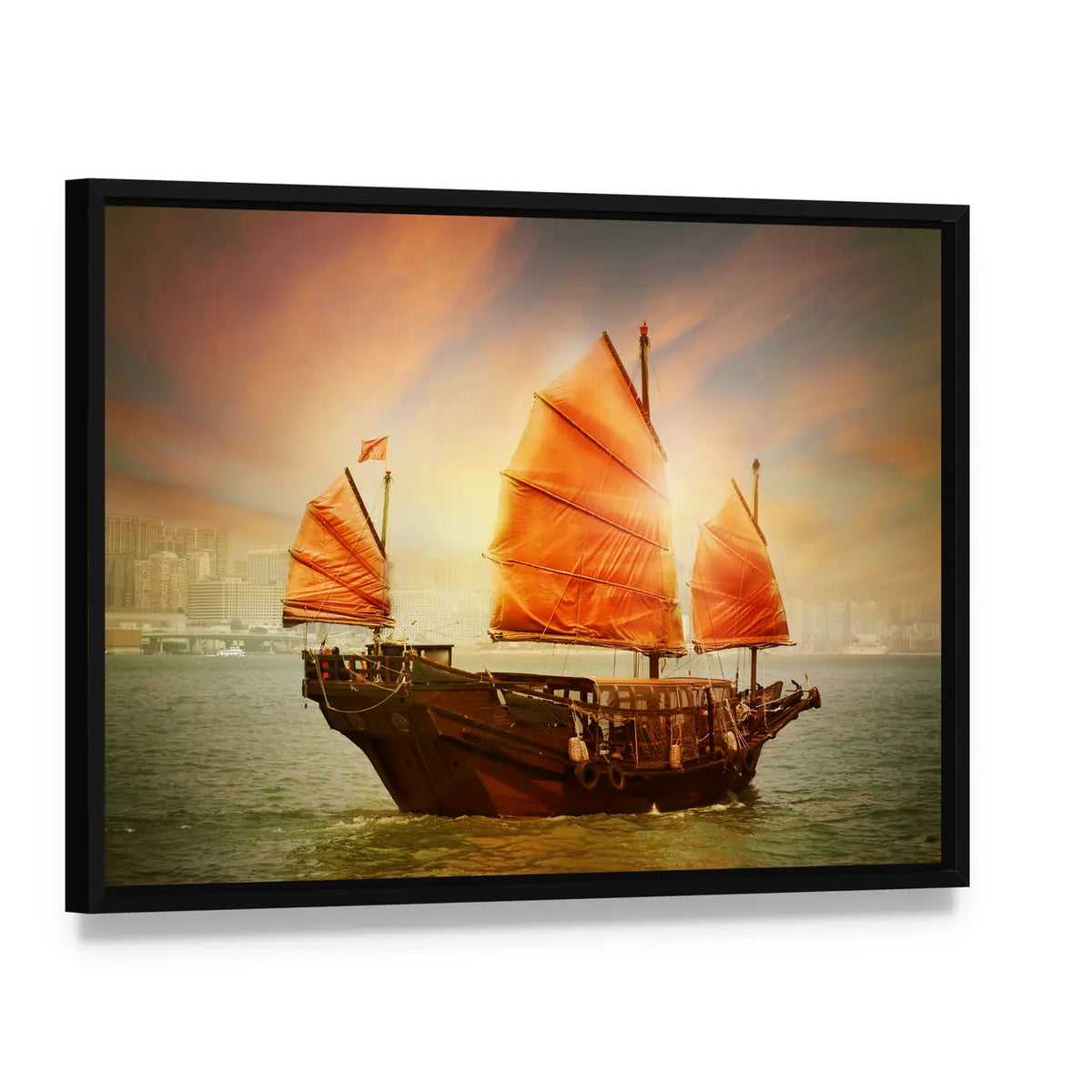 Chinese Junk Boat at Sunset Canvas Wall Art, framed canvas in a black floater frame, angled product view