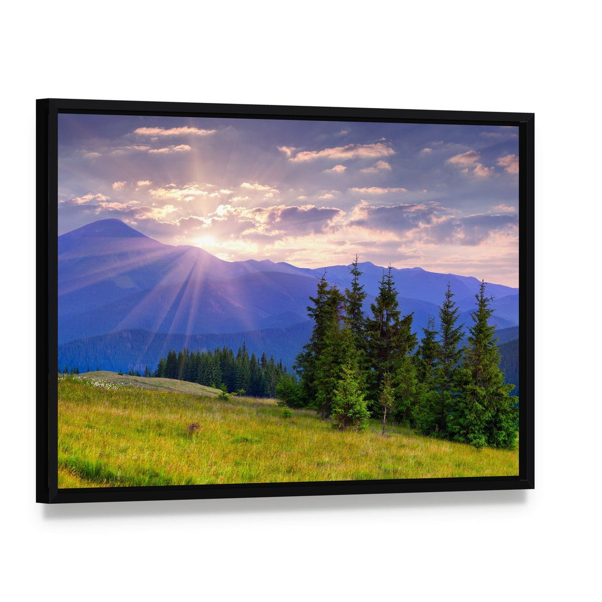 Summer Landscape in the Carpathian Mountains Canvas Wall Art, framed canvas in a black floater frame, angled product view