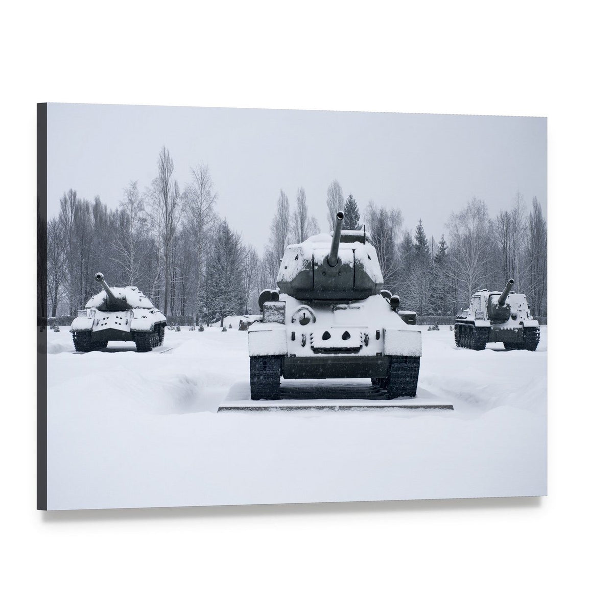 Three Snow-covered Russian Tanks Canvas Wall Art, single panel gallery wrapped canvas, angled product view