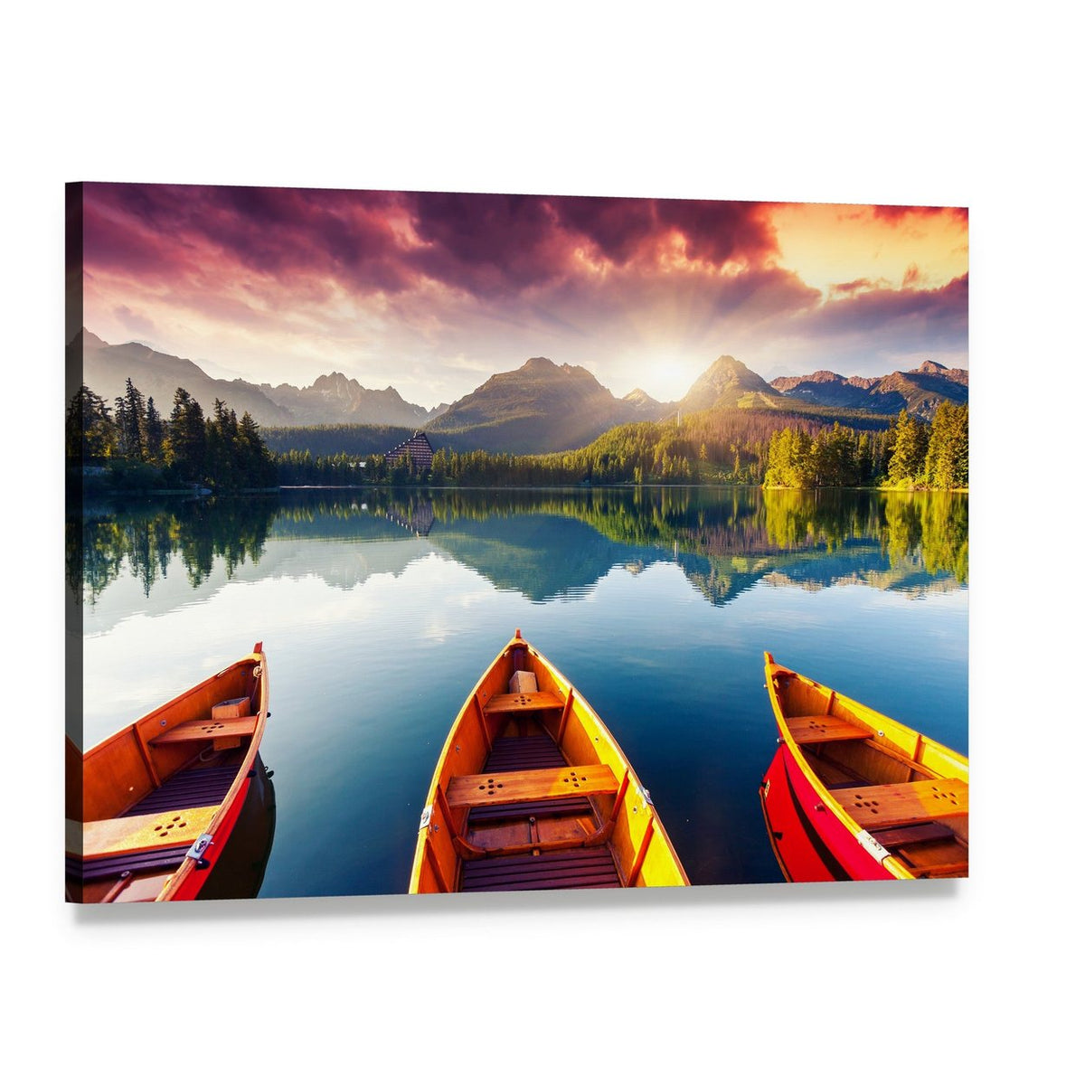 Three Canoes on Mountain Lake Canvas Wall Art, single panel gallery wrapped canvas, angled product view