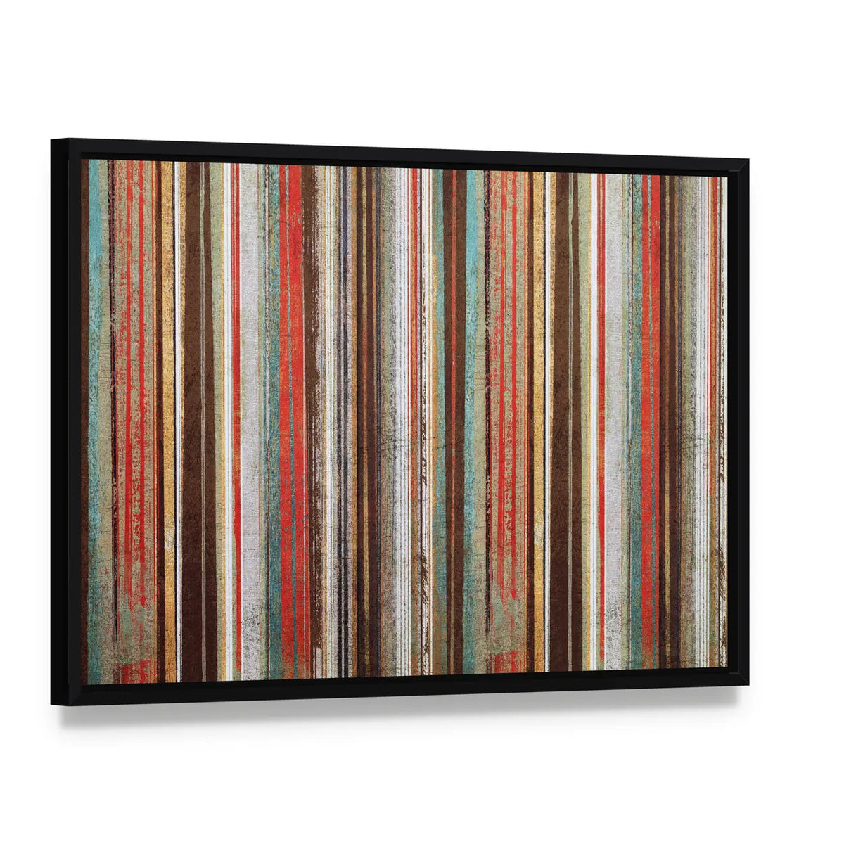 Vintage Shabby Striped Wallpaper Canvas Wall Art, framed canvas in a black floater frame, angled product view