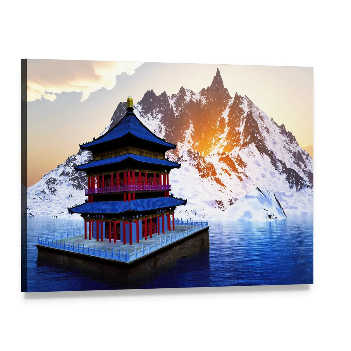 Bhutan Pagoda at Sunset Canvas Wall Art, single panel gallery wrapped canvas, angled product view