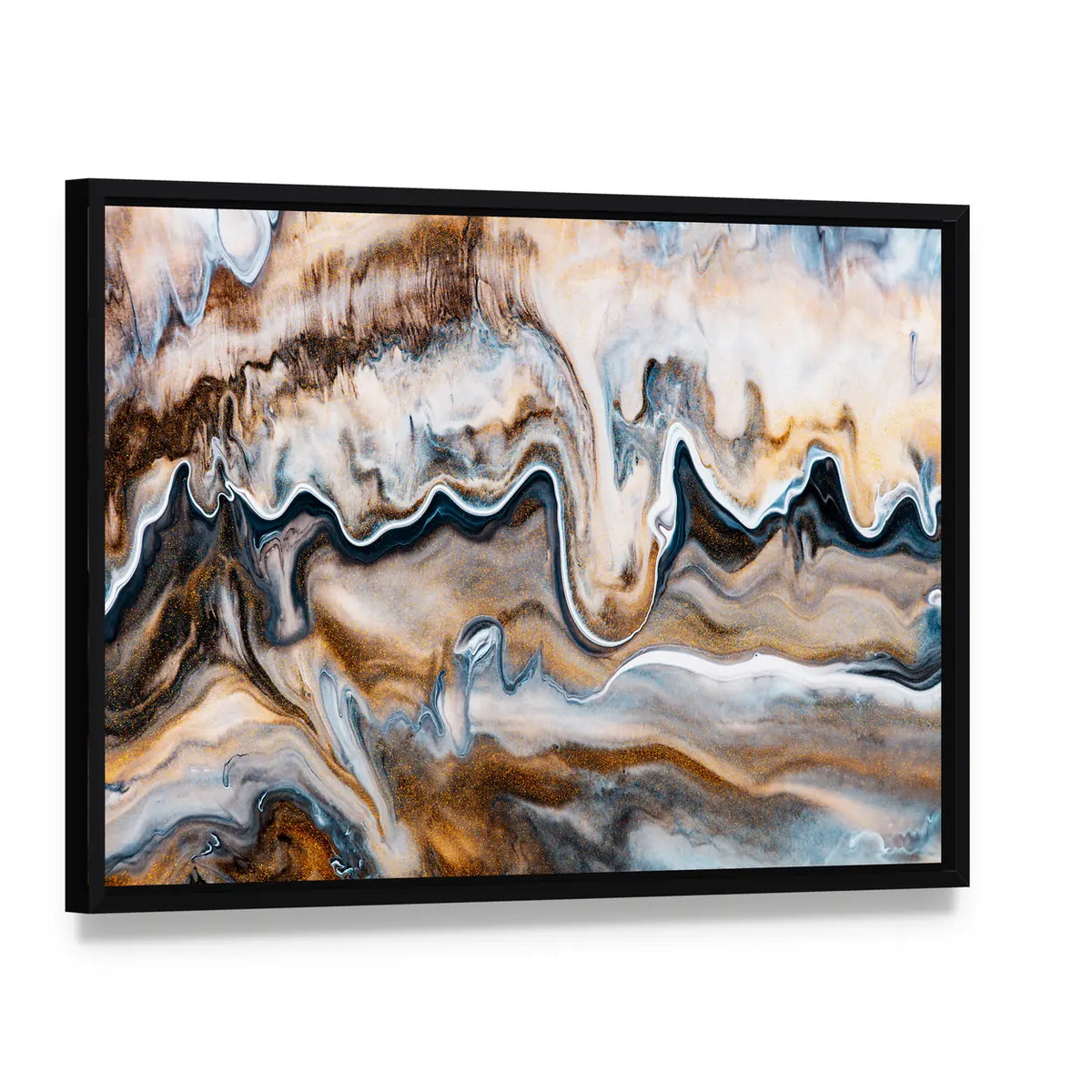 Fluid Art Texture Canvas Wall Art, framed canvas in a black floater frame, angled product view
