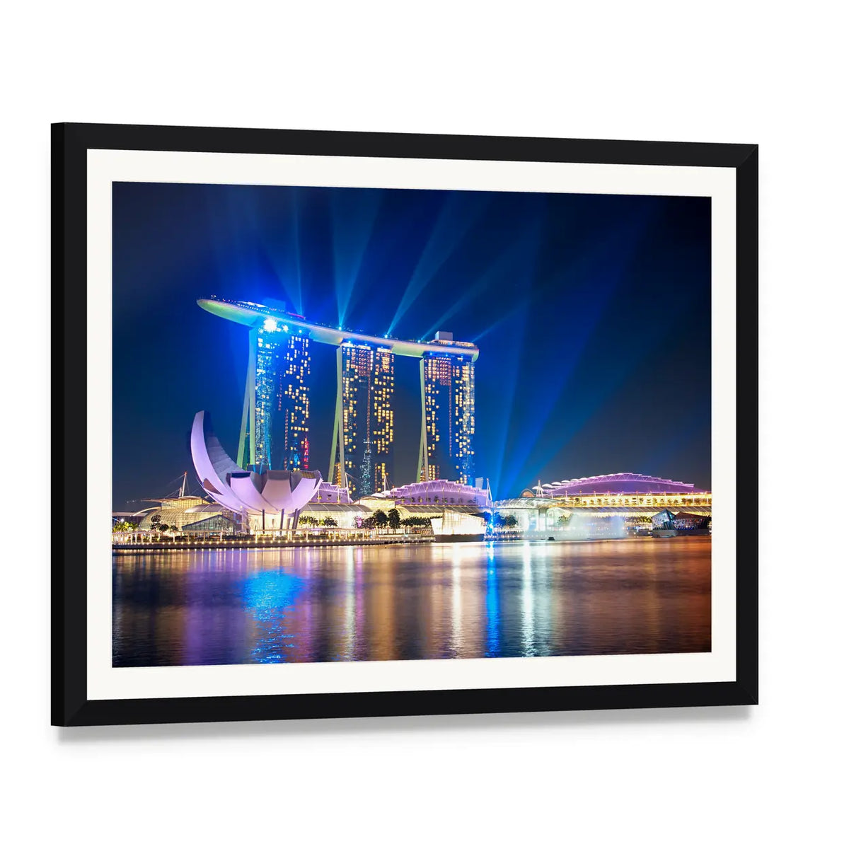 Marina Bay Sands at Night Canvas Wall Art, framed print with white mat and black frame, angled product view