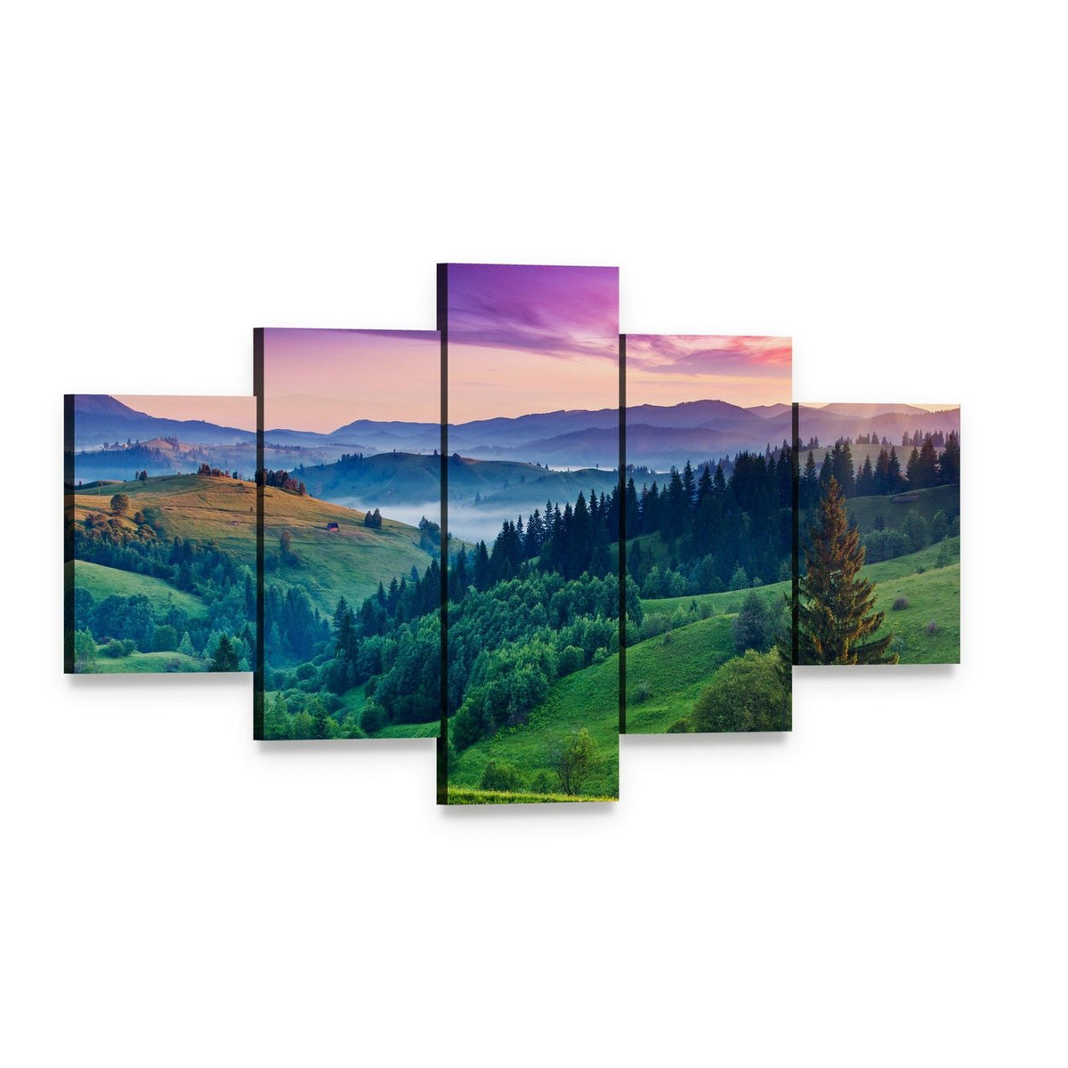 Misty Mountain Sunset with Pine Canvas Wall Art, 5 panel 5 Star layout gallery wrapped canvas set, angled product view