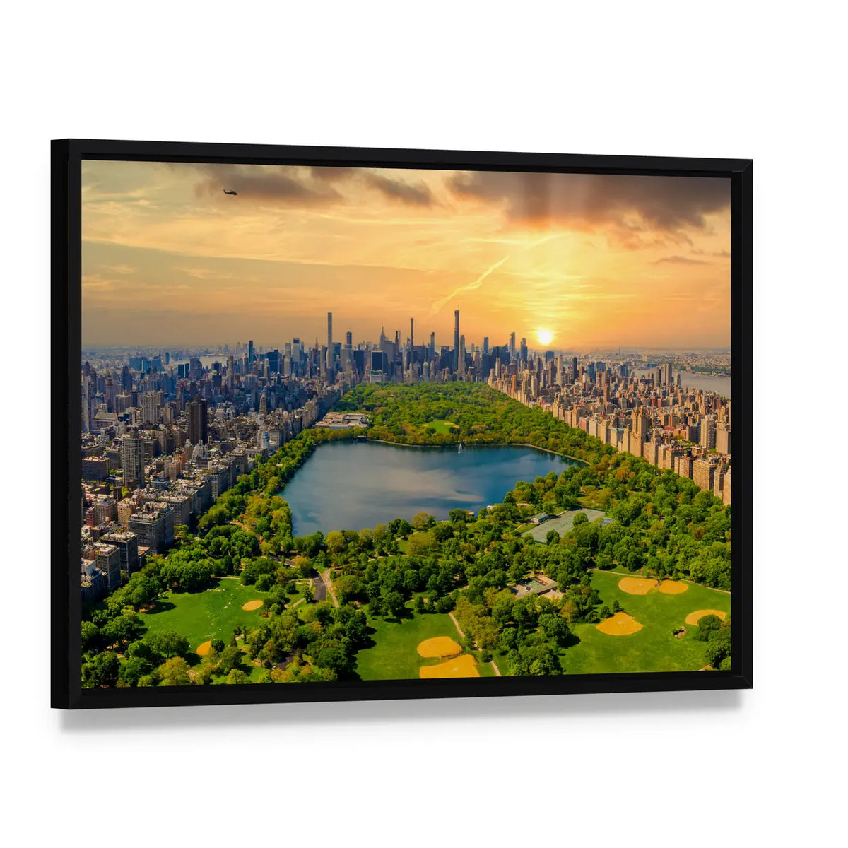 Central Park Reservoir and Manhattan Skyline Canvas Wall Art, framed canvas in a black floater frame, angled product view