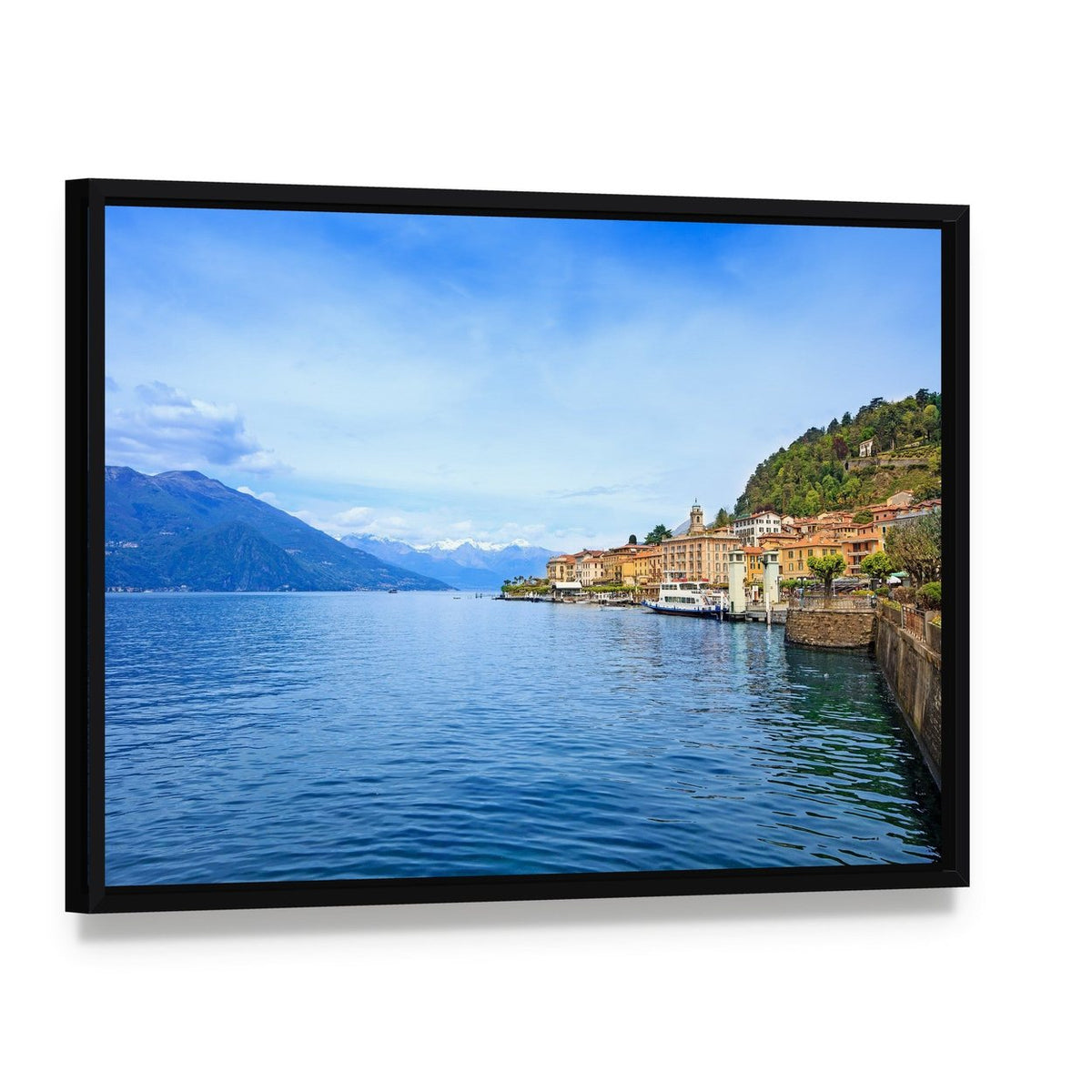Bellagio Town with Como Lake Canvas Wall Art, framed canvas in a black floater frame, angled product view