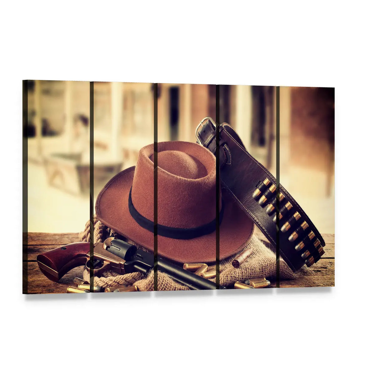 Cowboy Hat, Revolver, and Gun Belt Canvas Wall Art, 5 panel 5 Horizontal layout gallery wrapped canvas set, angled product view