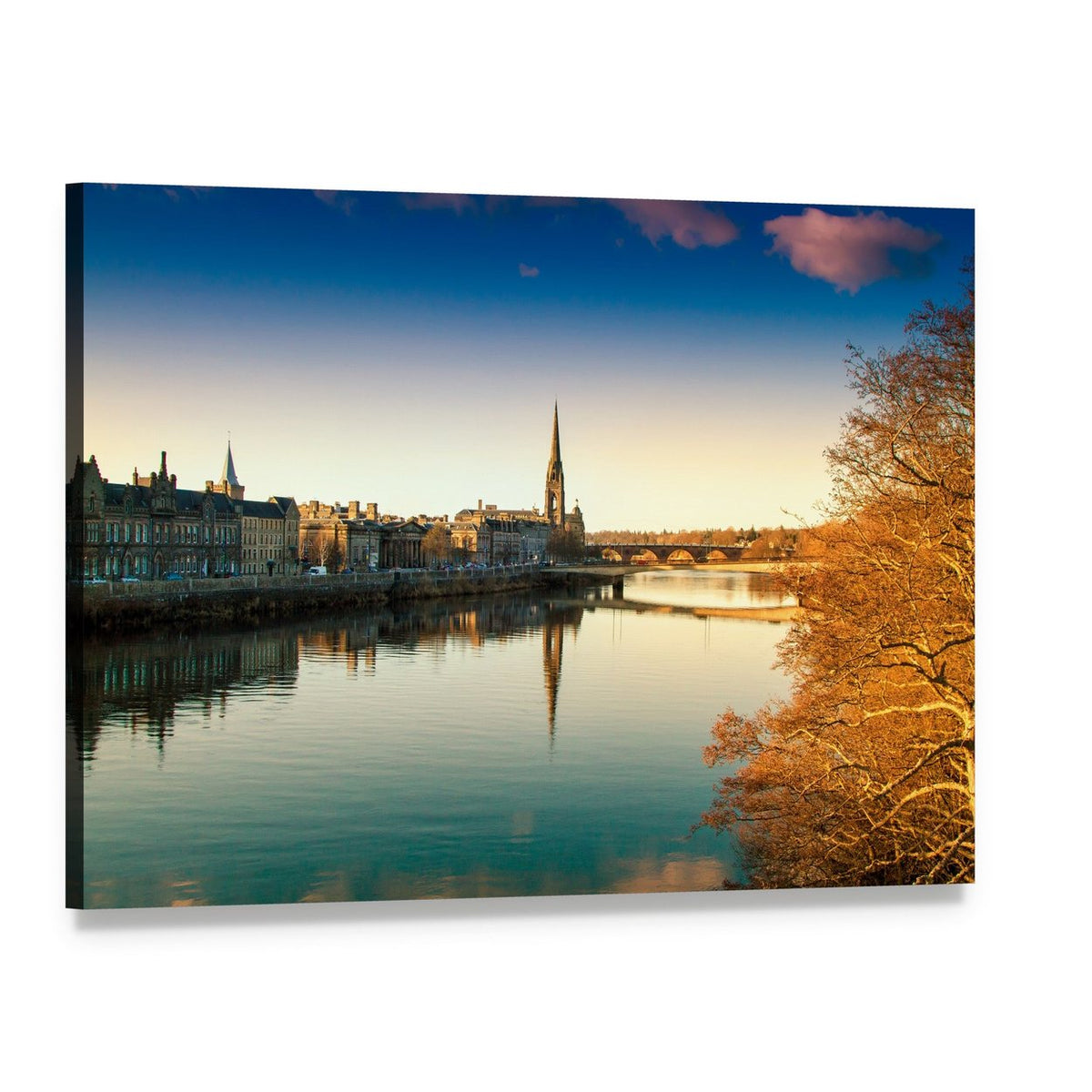River and Church Spire at Golden Hour Canvas Wall Art, single panel gallery wrapped canvas, angled product view