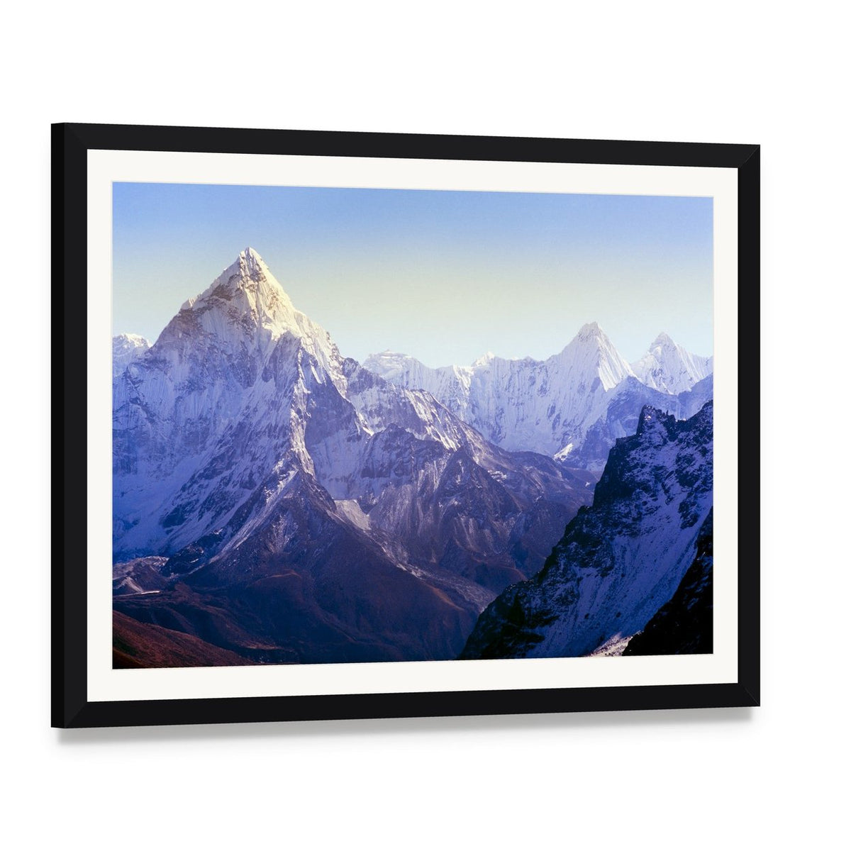 Majestic Mount Everest in Daylight Canvas Wall Art, framed print with white mat and black frame, angled product view