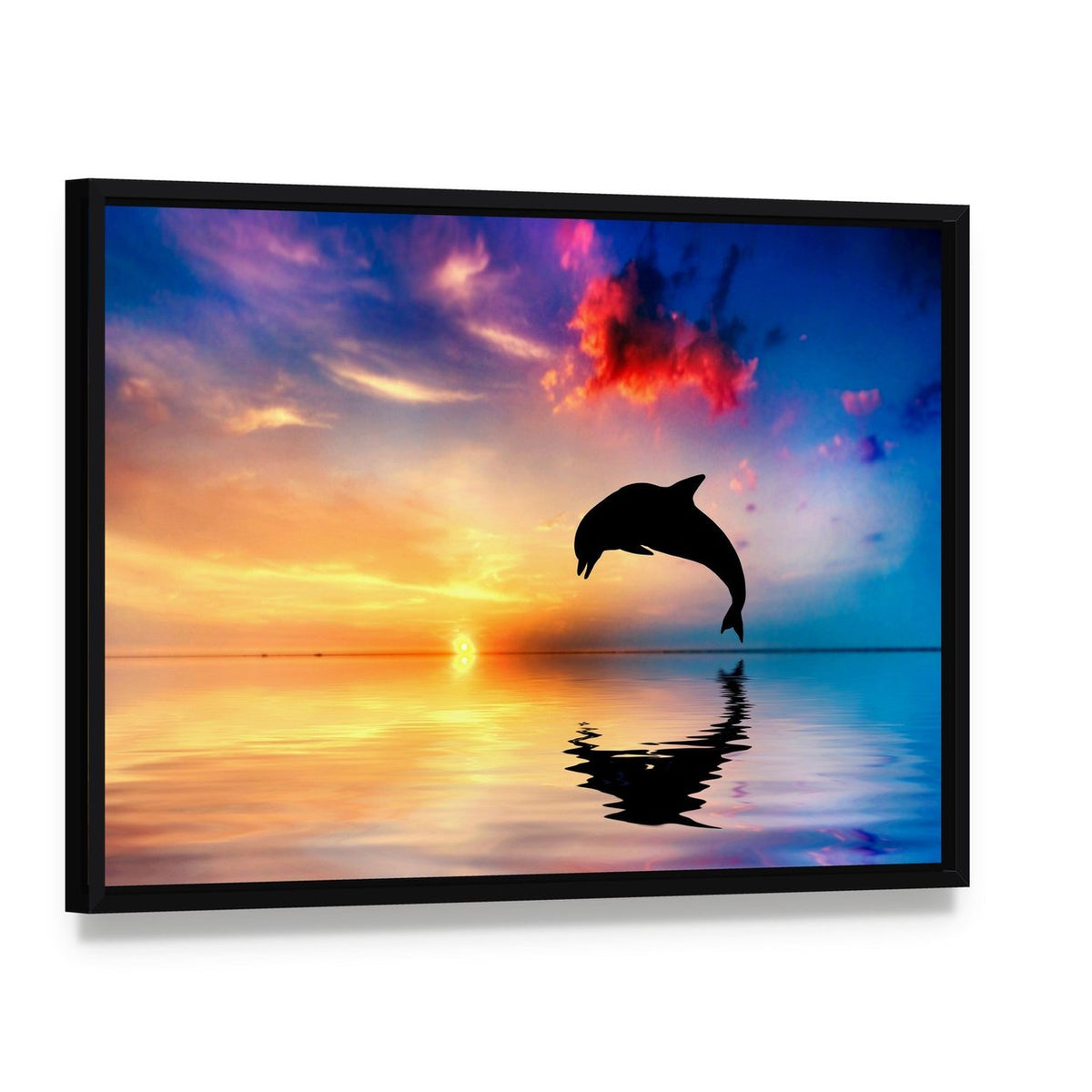 Silhouette of Jumping Dolphin Canvas Wall Art, framed canvas in a black floater frame, angled product view
