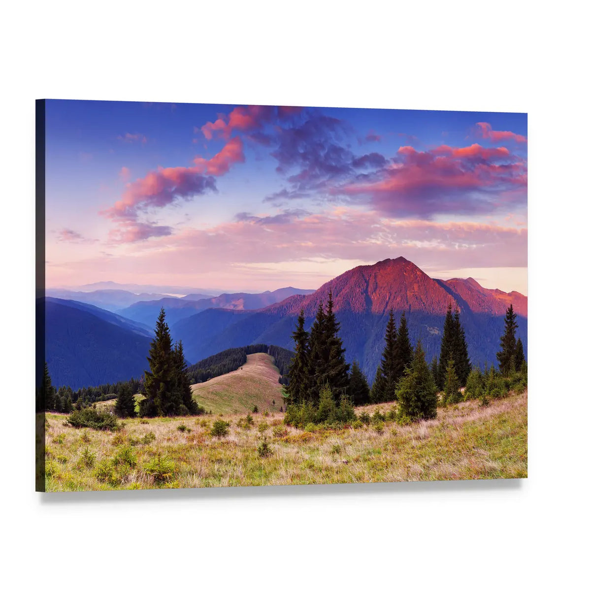 Mountain Valley at Pink Sunset Canvas Wall Art, single panel gallery wrapped canvas, angled product view