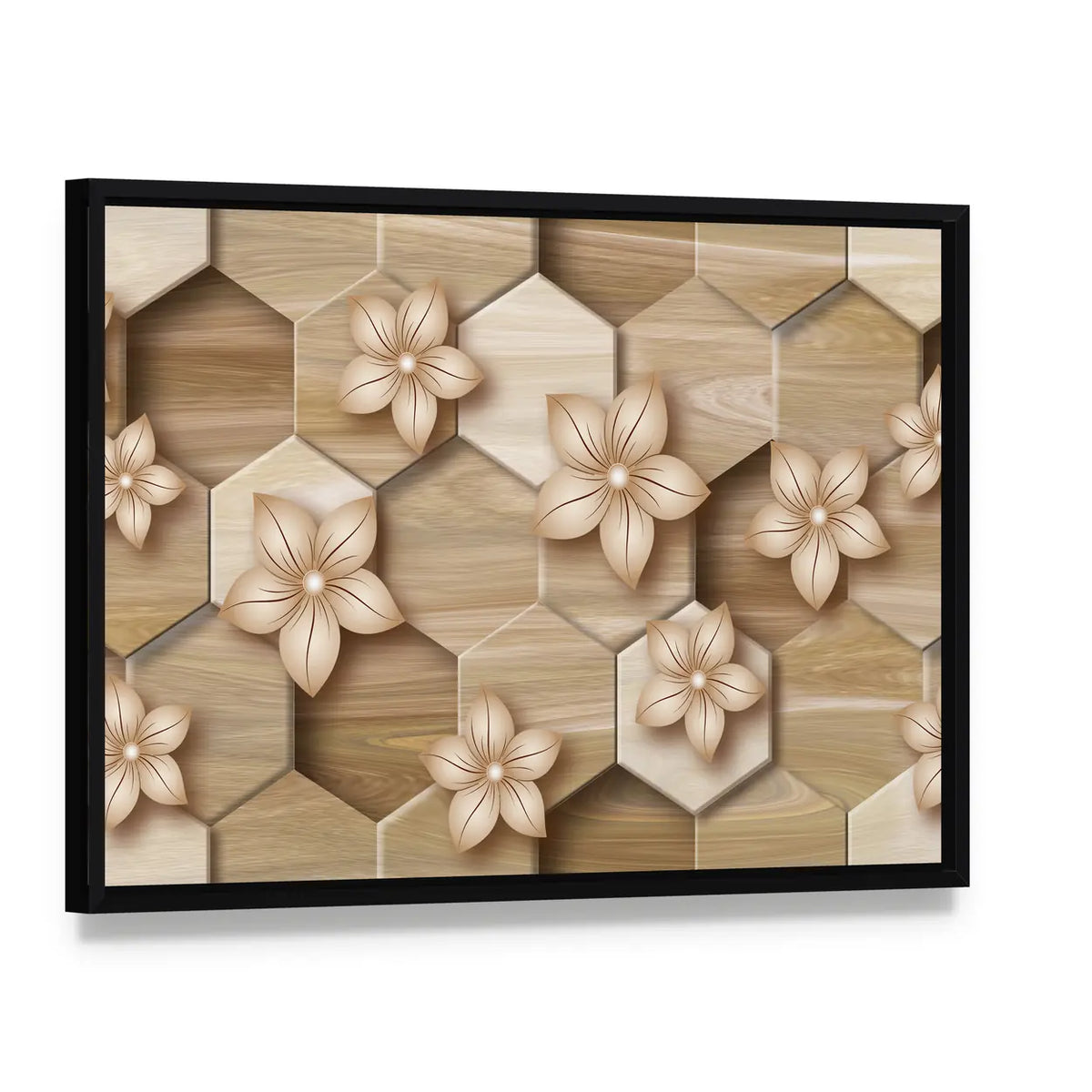 Honeycomb Floral Mural Canvas Wall Art, framed canvas in a black floater frame, angled product view