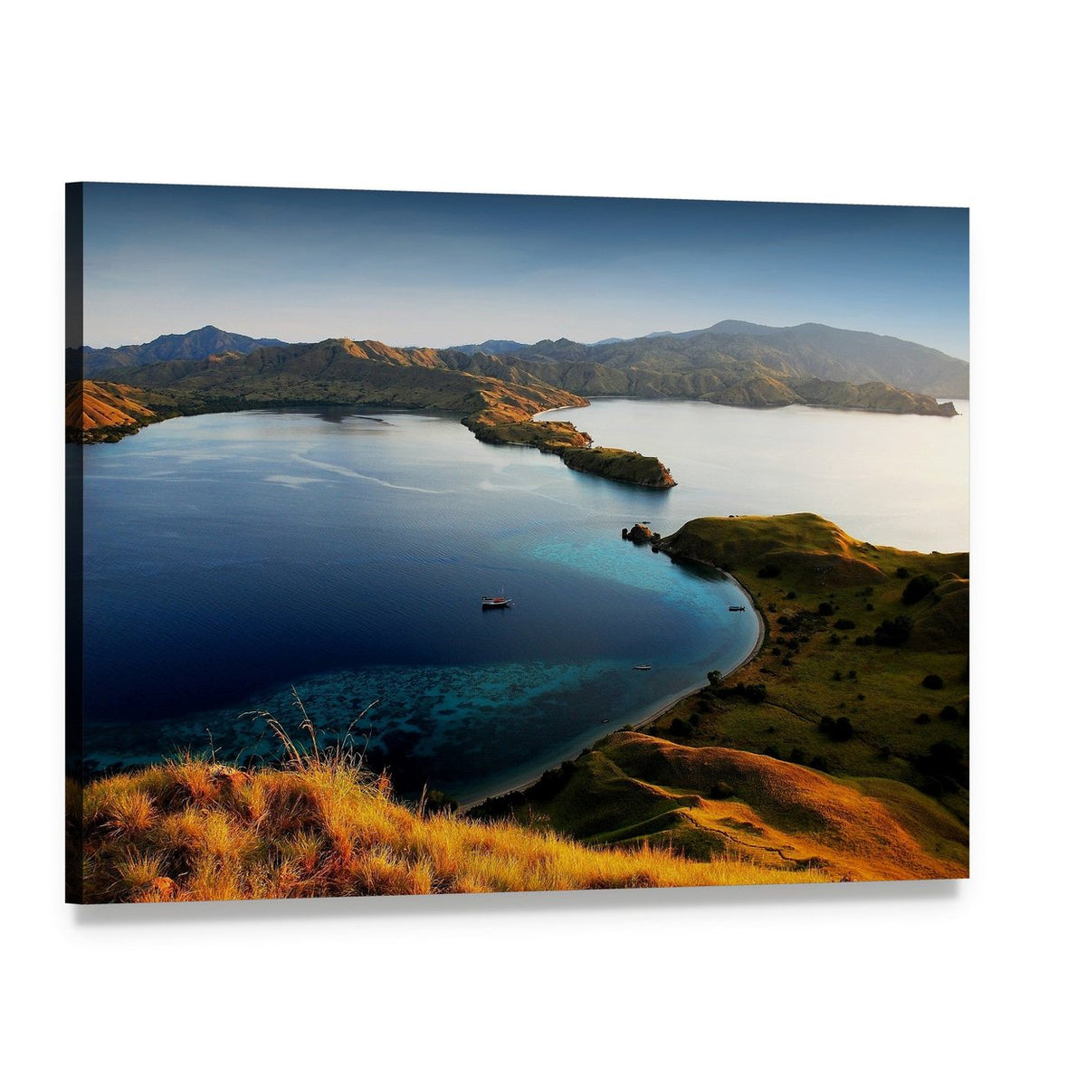 Komodo Island Aerial Seascape with Boats Canvas Wall Art, single panel gallery wrapped canvas, angled product view