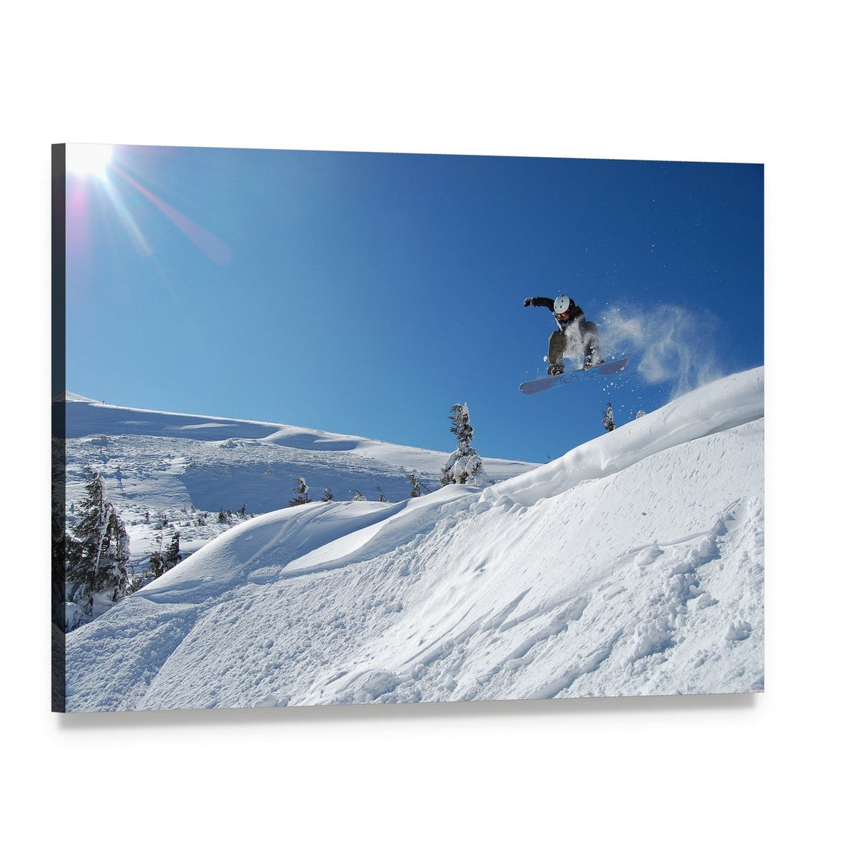 Snowboarder Jumping from a Cliff Canvas Wall Art, single panel gallery wrapped canvas, angled product view