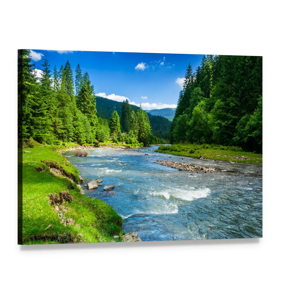 Mountain River and Pine Forest Canvas Wall Art, single panel gallery wrapped canvas, angled product view