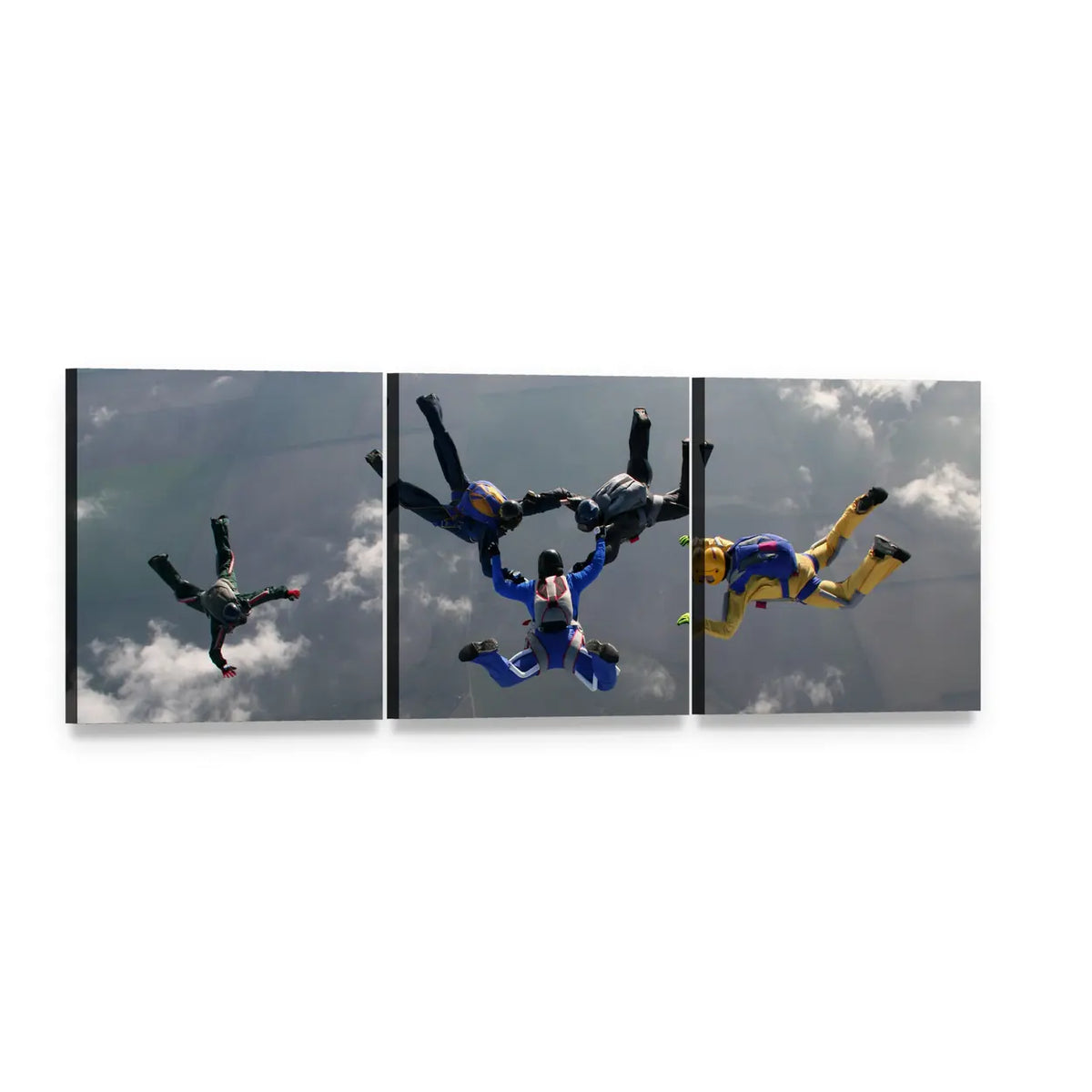 Five Skydivers in Formation Panoramic Canvas Wall Art, 3 panel 3 Piece layout gallery wrapped canvas set, angled product view
