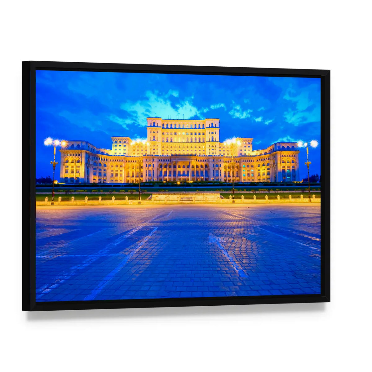 Palace of the Parliament, Bucharest Canvas Wall Art, framed canvas in a black floater frame, angled product view