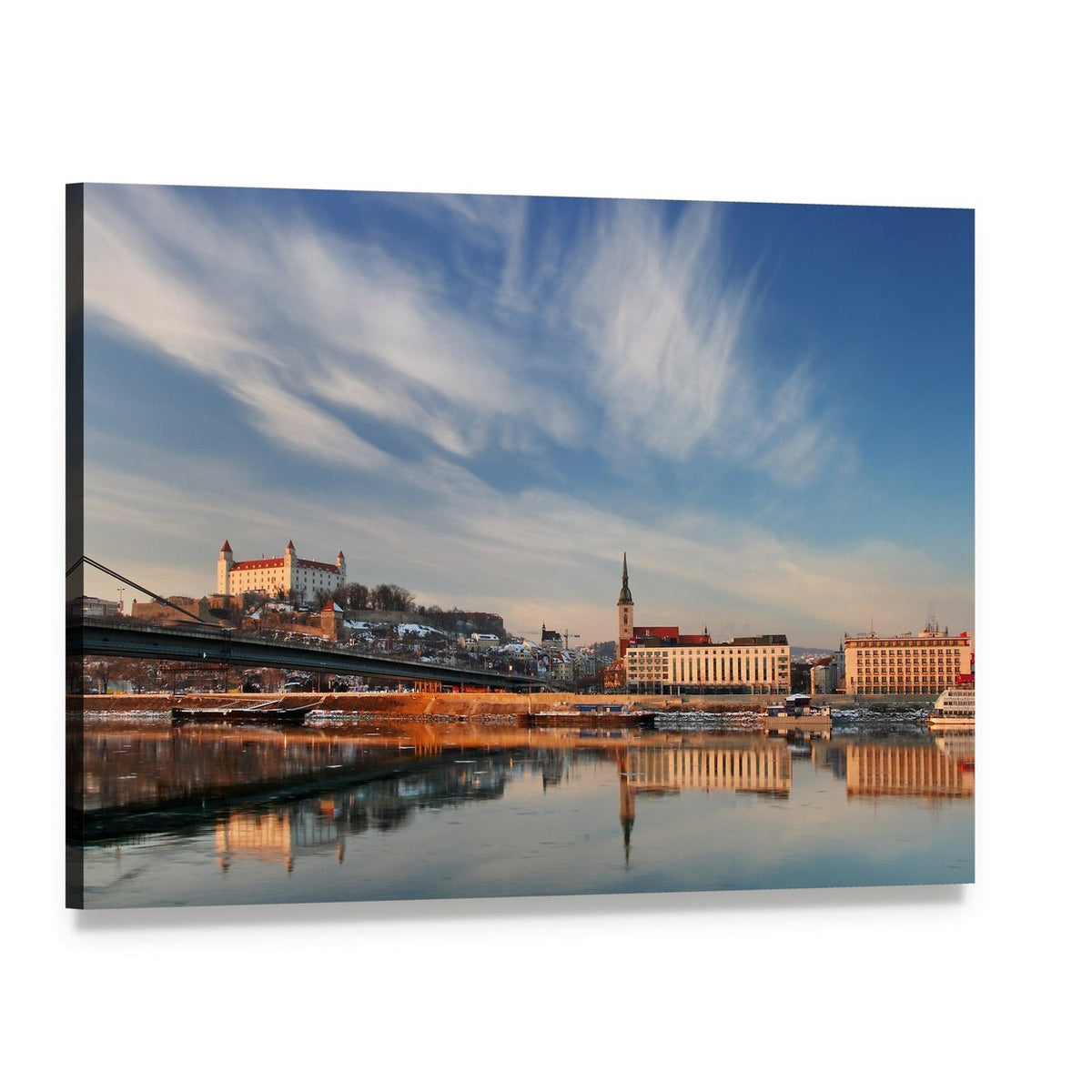 White Castle and Cathedral Reflected in River Canvas Wall Art, single panel gallery wrapped canvas, angled product view